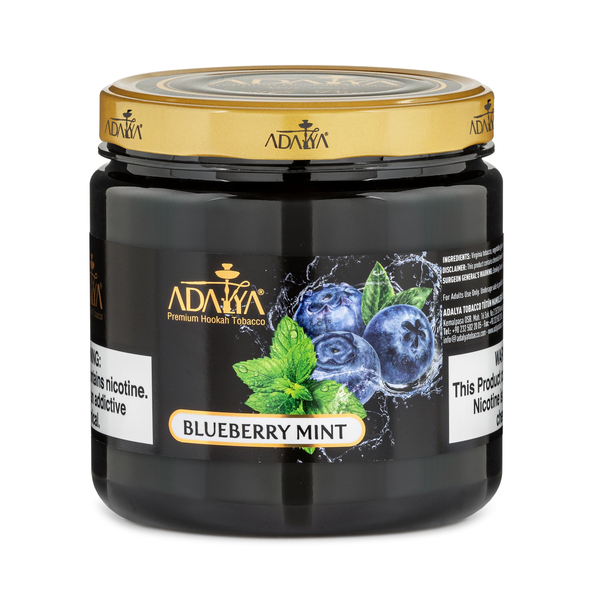 Adalya Premium Hookah Tobacco Blueberry Mint flavor in a black and gold jar with blueberry and mint leaf graphics