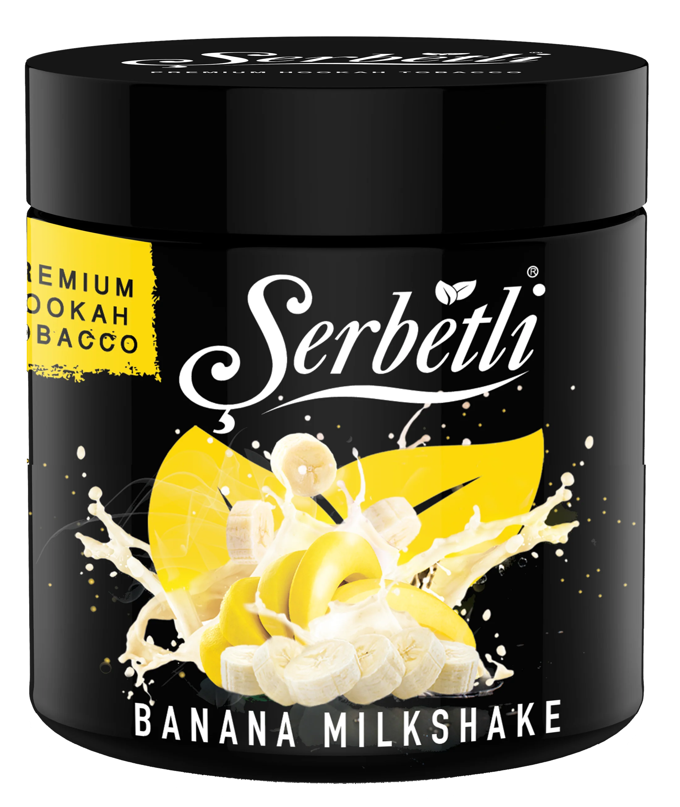 Serbetli Banana Milkshake premium hookah tobacco in black container with banana and milk splash design