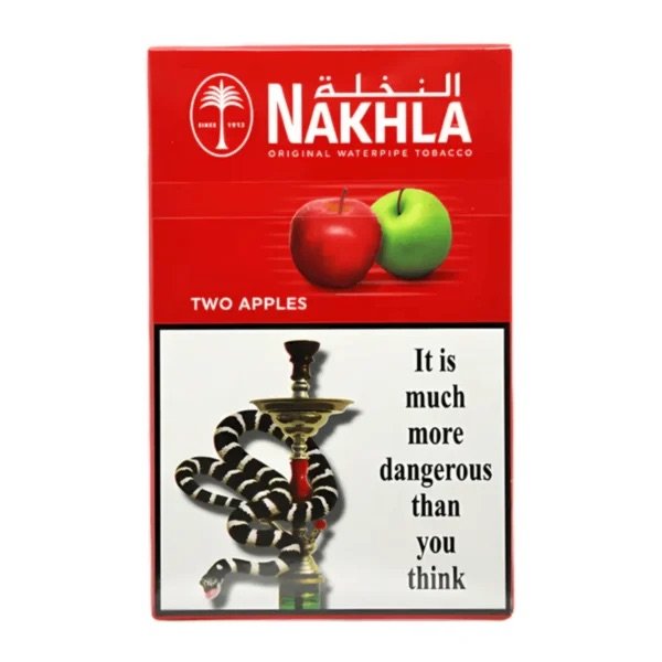 Nakhla Two Apples original waterpipe tobacco pack with red and green apples on red background