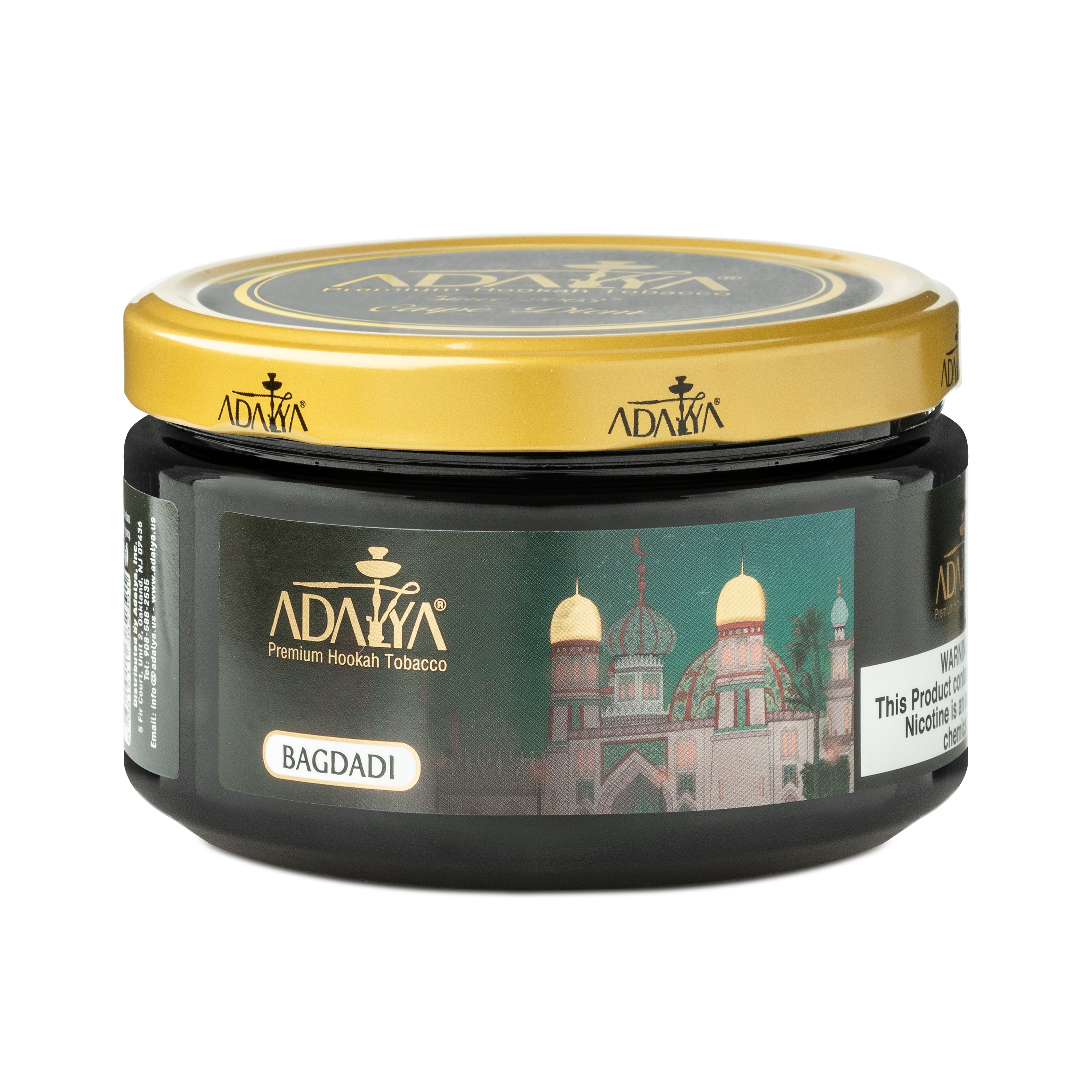 Adalya Bagdadi Premium Hookah Tobacco in black jar with gold lid featuring mosque illustration