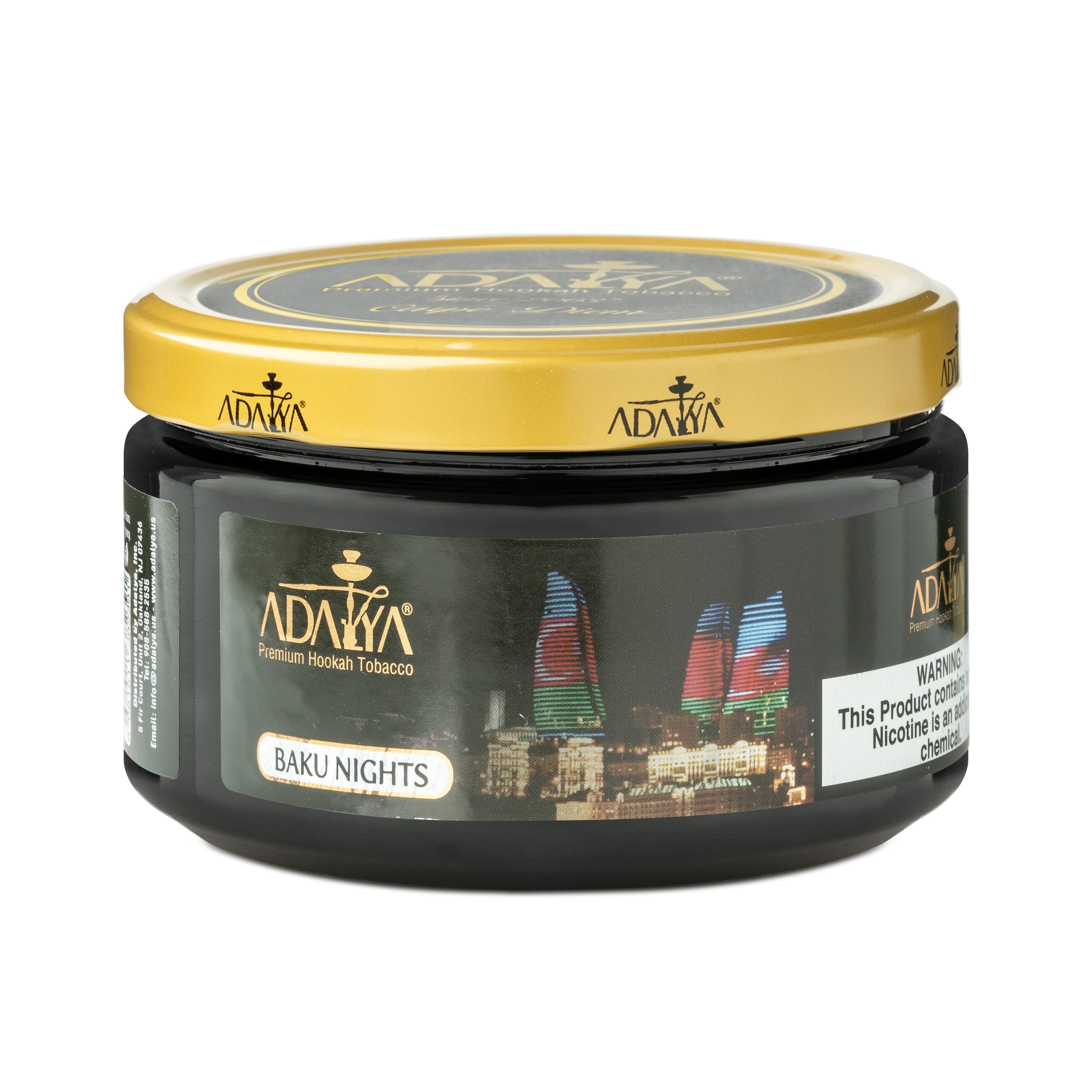 Adalya Baku Nights Premium Hookah Tobacco in black jar with gold lid