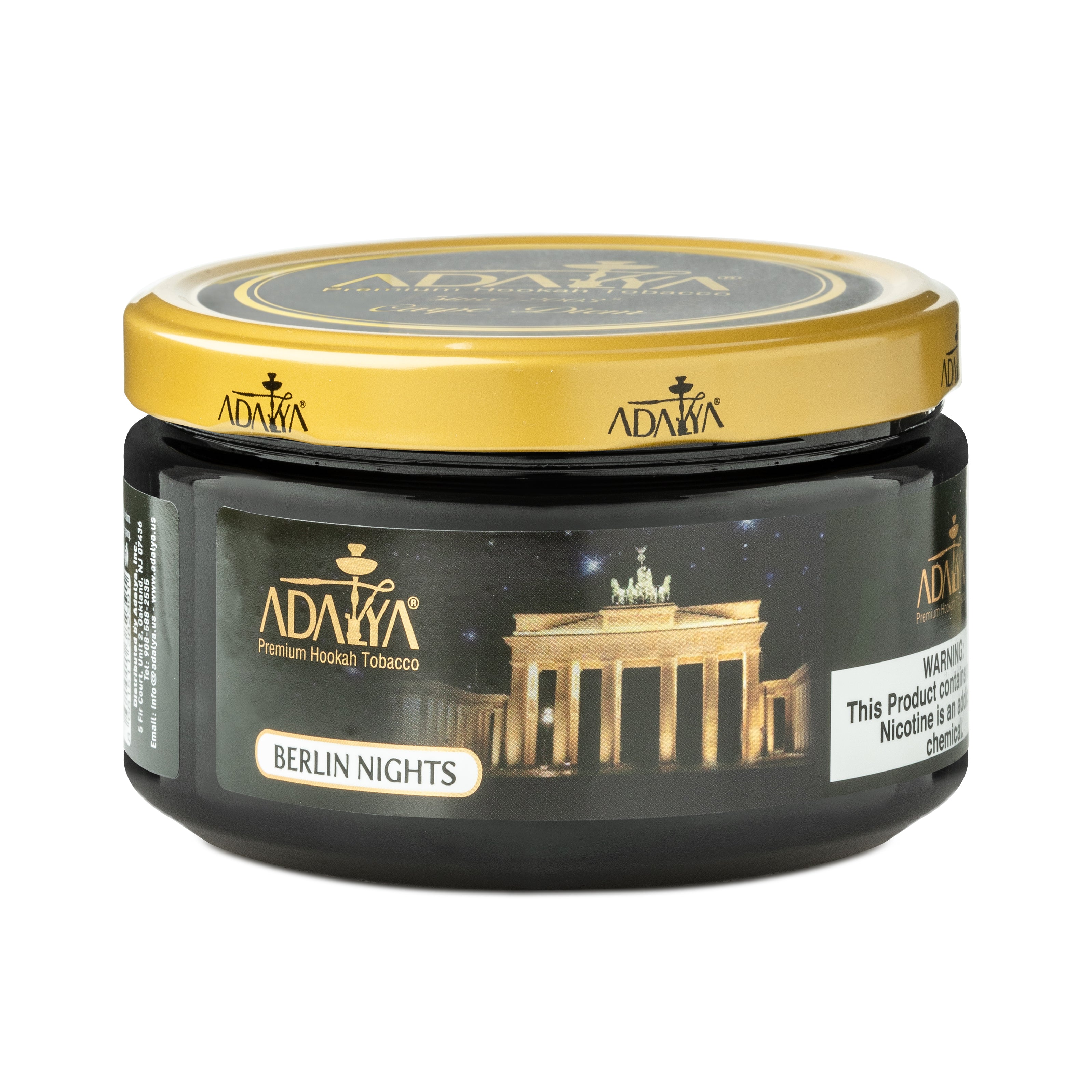 Adalya Berlin Nights premium hookah tobacco in a black jar with gold lid featuring Berlin landmark