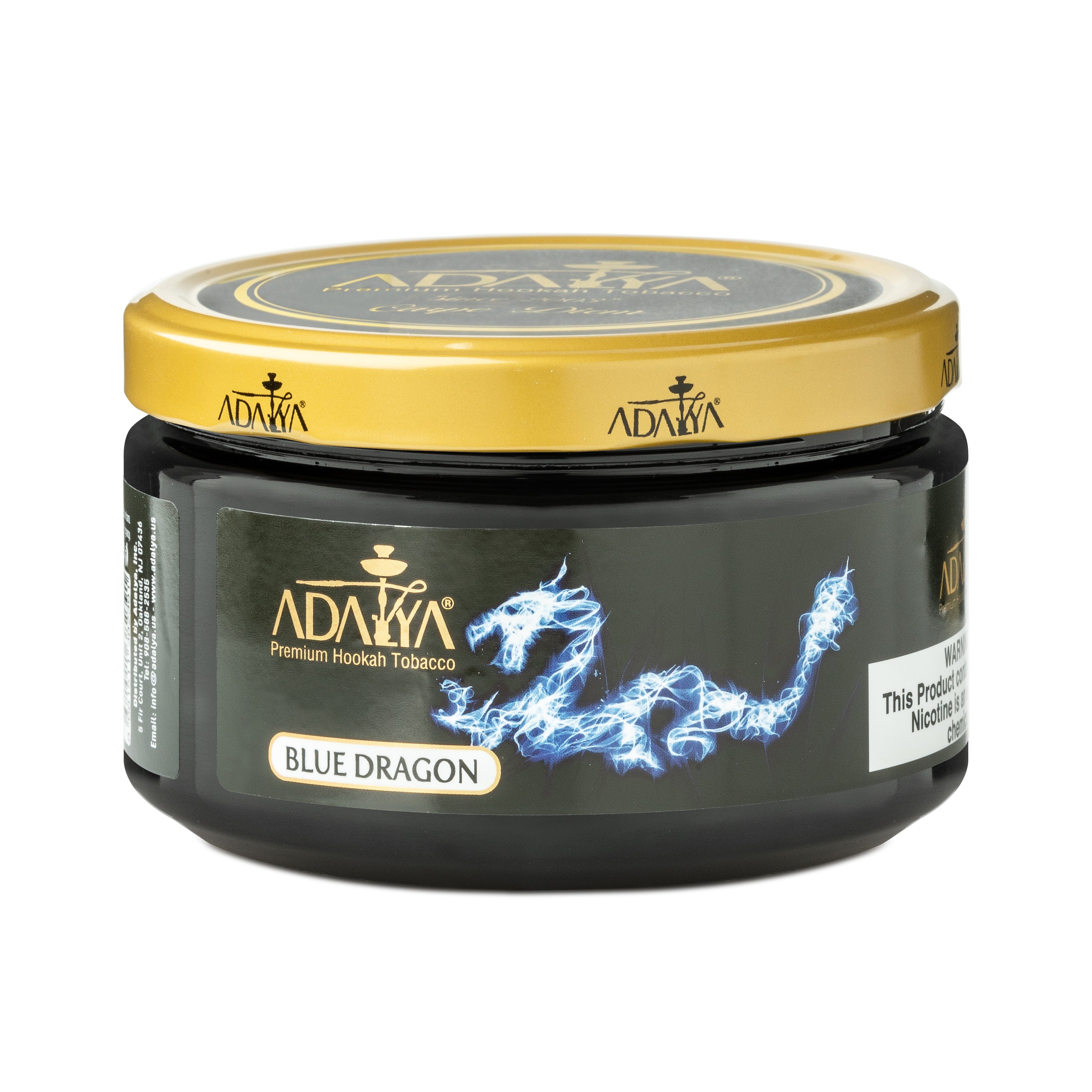 Adalya Blue Dragon premium hookah tobacco in a black jar with gold lid