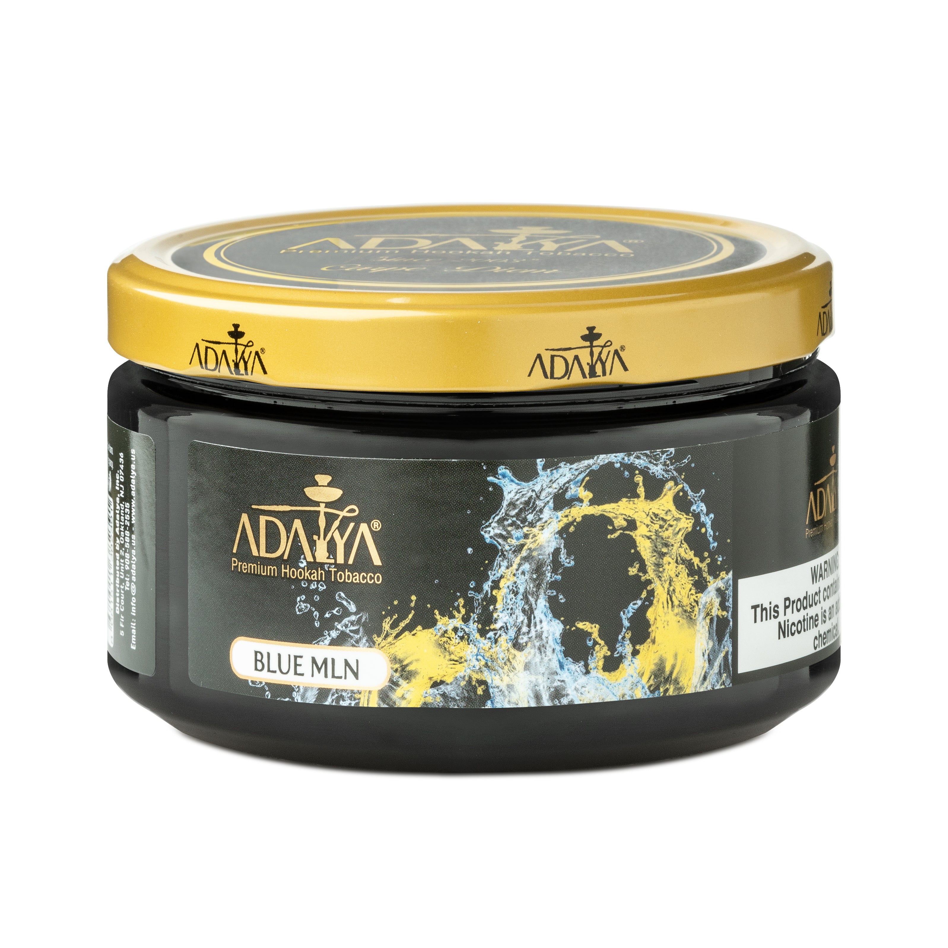 Adalya Blue MLN premium hookah tobacco in a black container with gold lid by Le Tabac