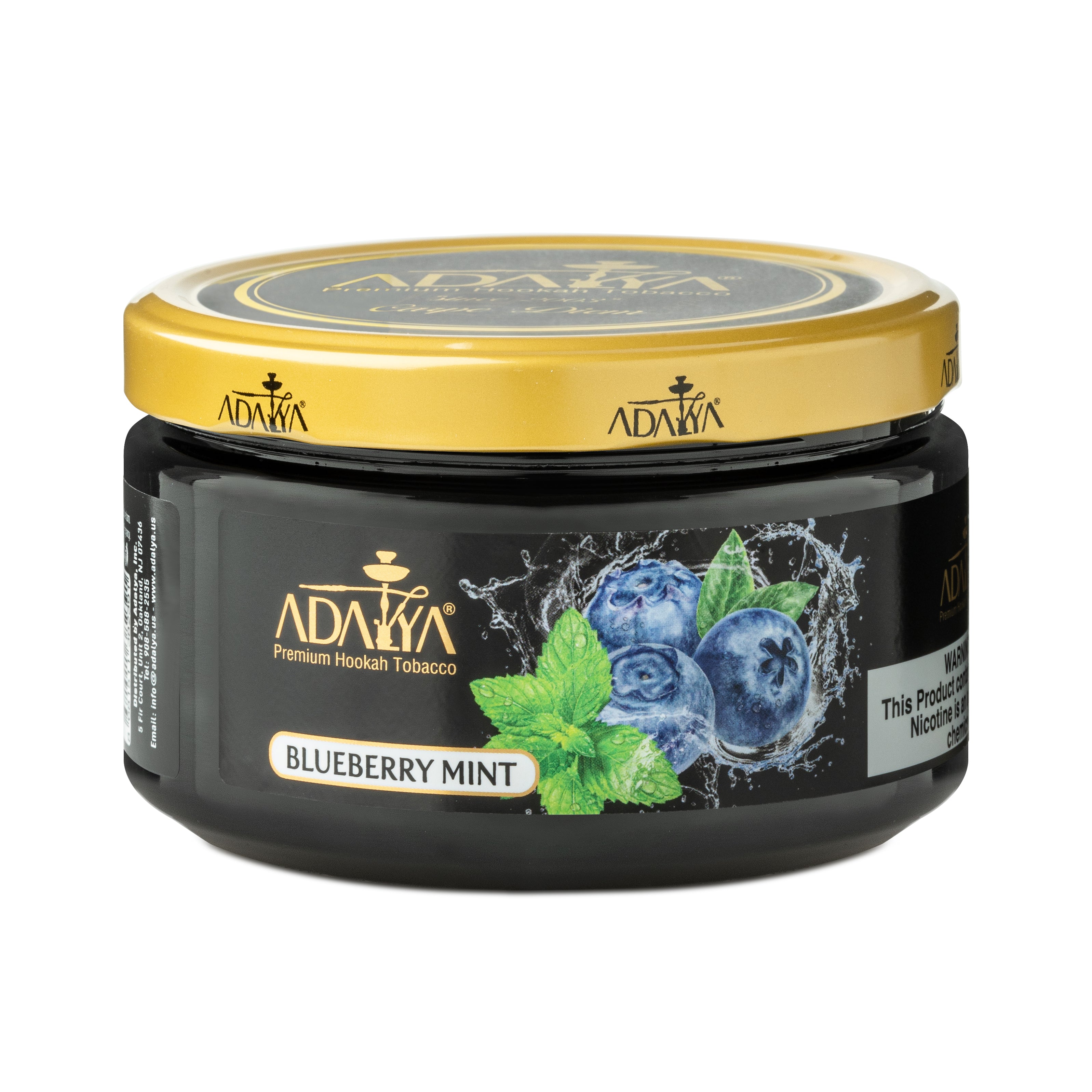Adalya Blueberry Mint Premium Hookah Tobacco in black jar with gold lid and blueberry mint design