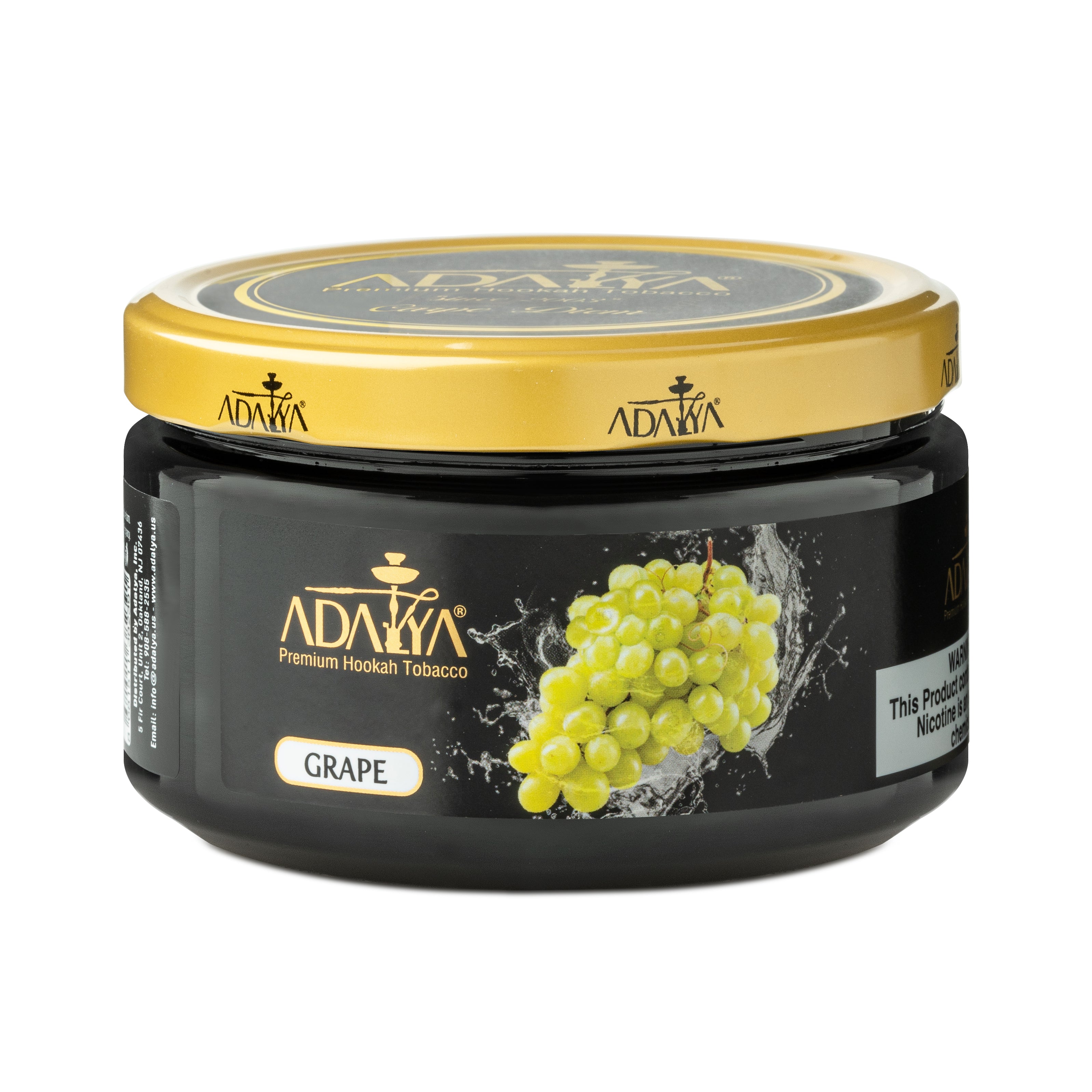 Adalya grape flavored premium hookah tobacco in a black jar with gold lid and grape image