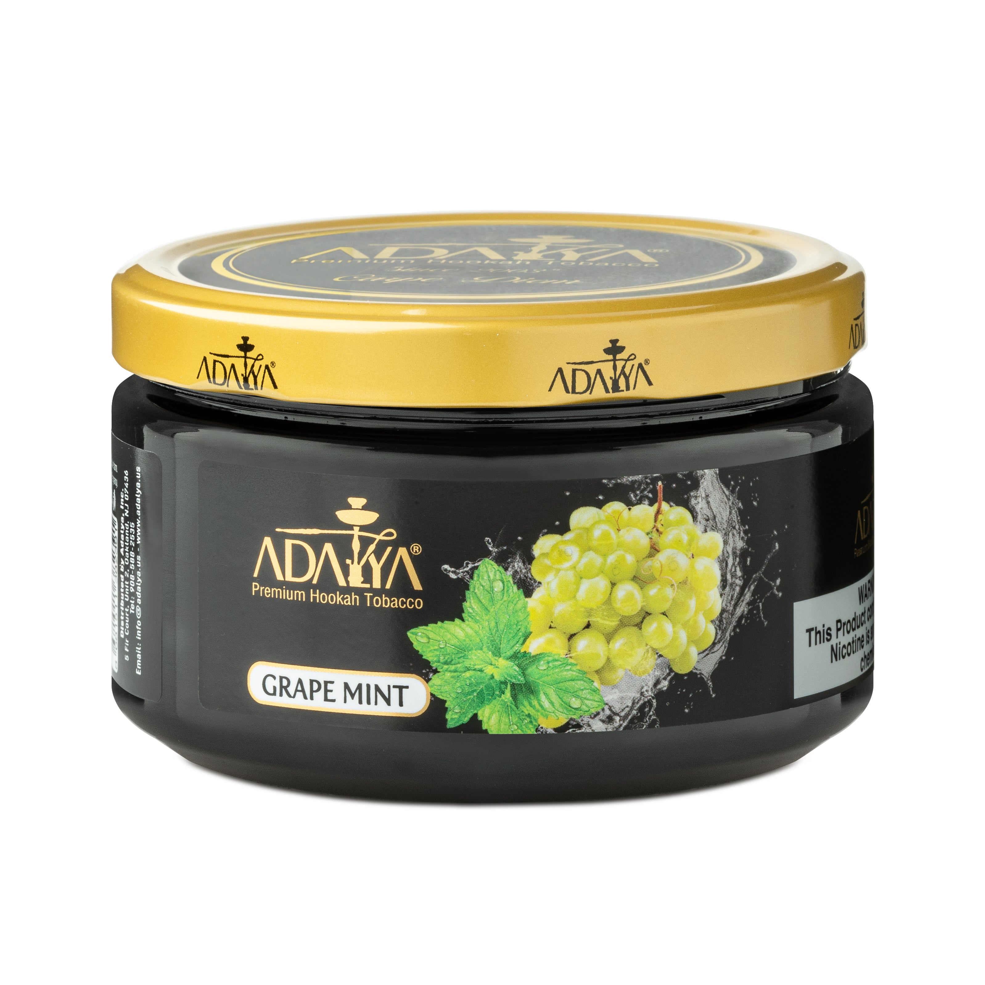 Adalya Premium Hookah Tobacco Grape Mint flavor in a black jar with gold lid