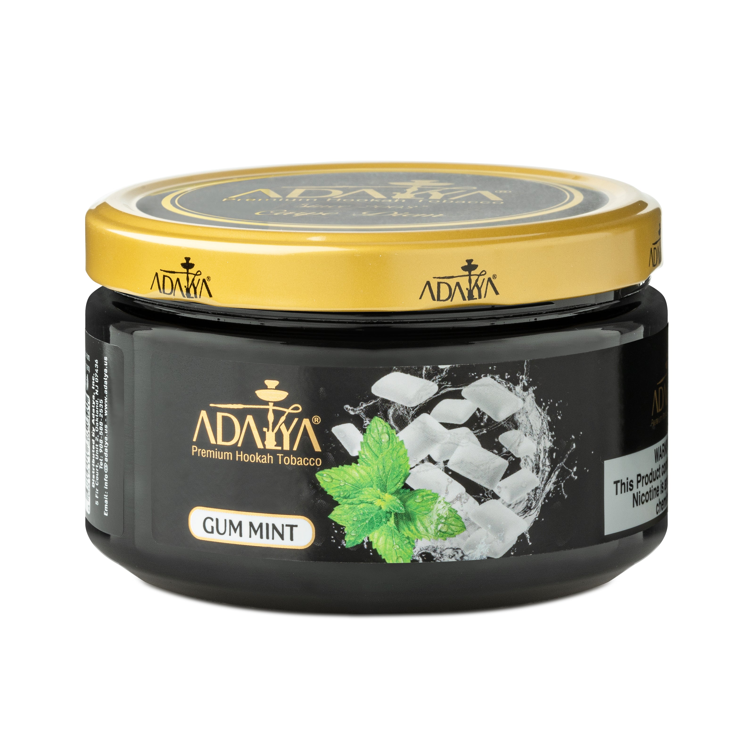 Adalya Gum Mint premium hookah tobacco in black container with gold lid and mint gum image