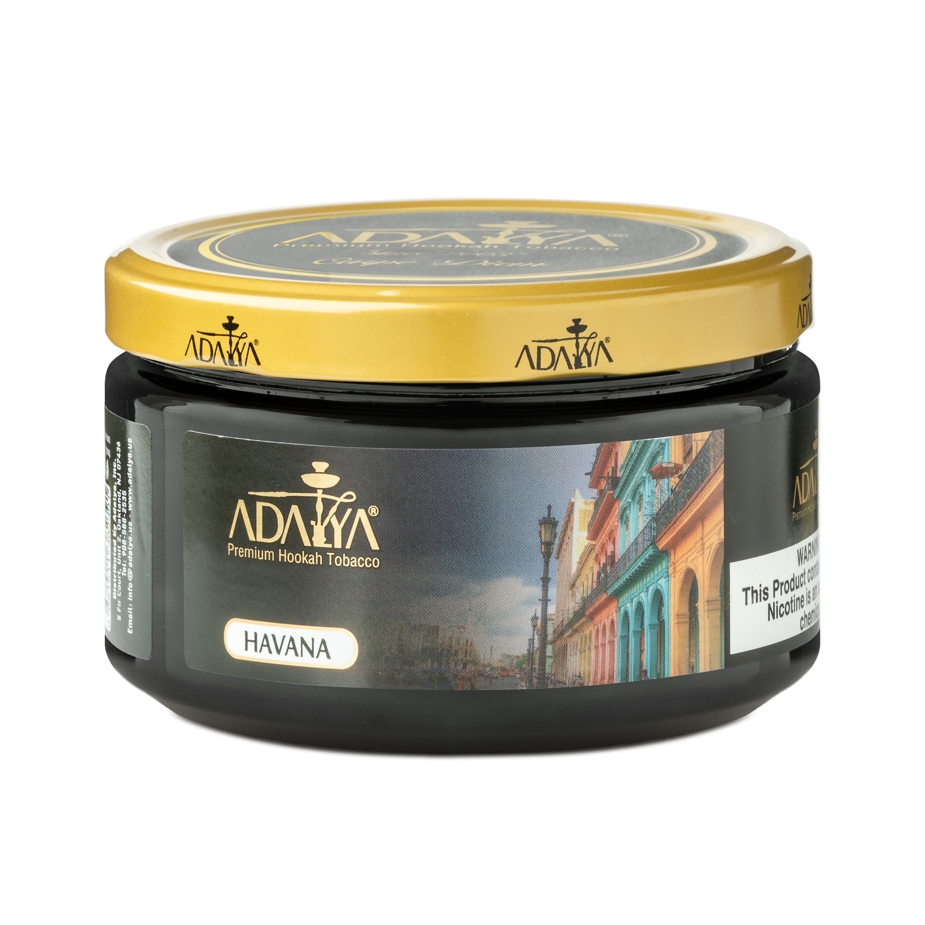 Adalya Havana Premium Hookah Tobacco in a black jar with gold lid featuring colorful Havana street artwork