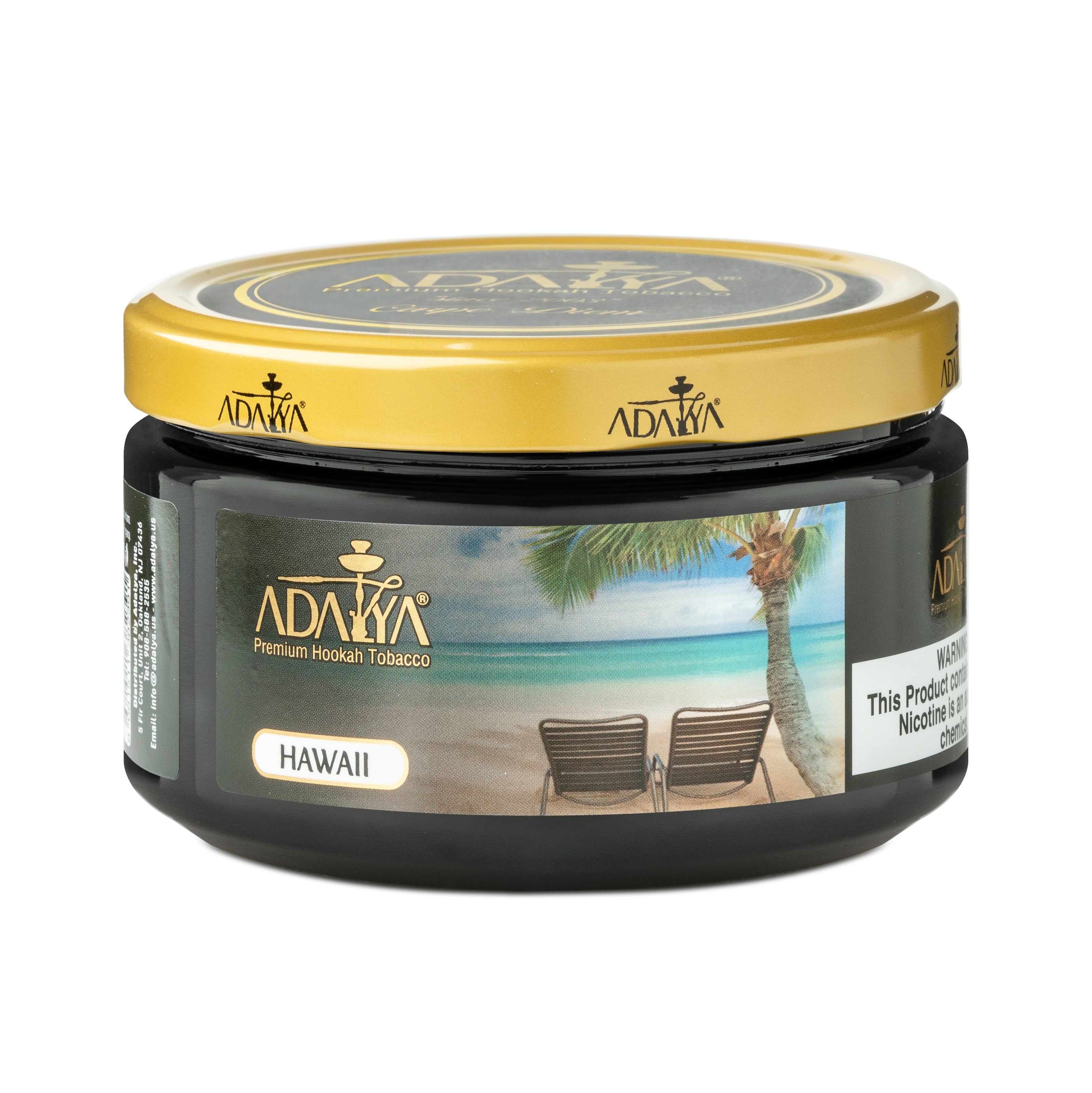 Adalya Premium Hookah Tobacco Hawaii flavor in black jar with gold lid and tropical beach label