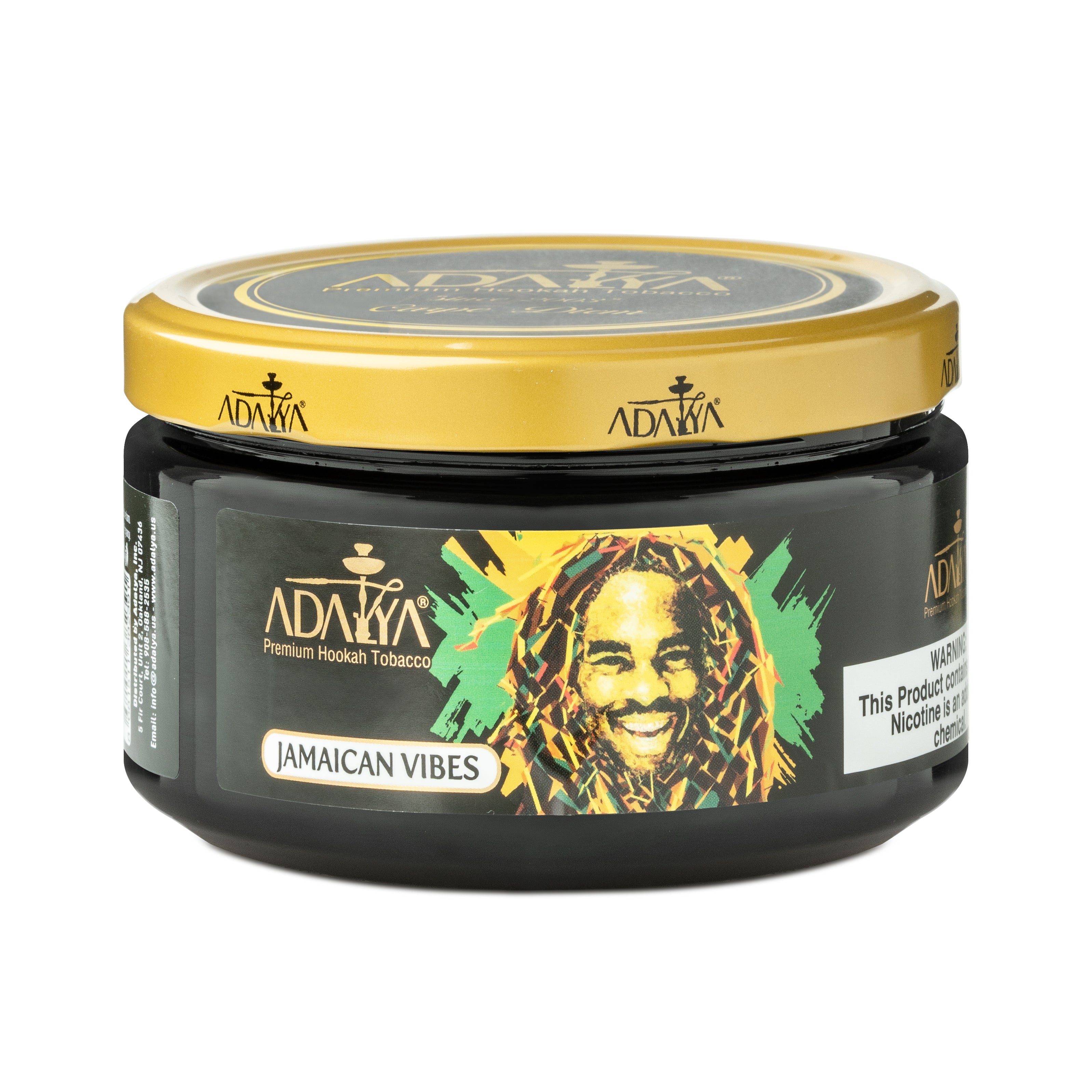 Adalya Premium Hookah Tobacco Jamaican Vibes flavor in black jar with gold lid