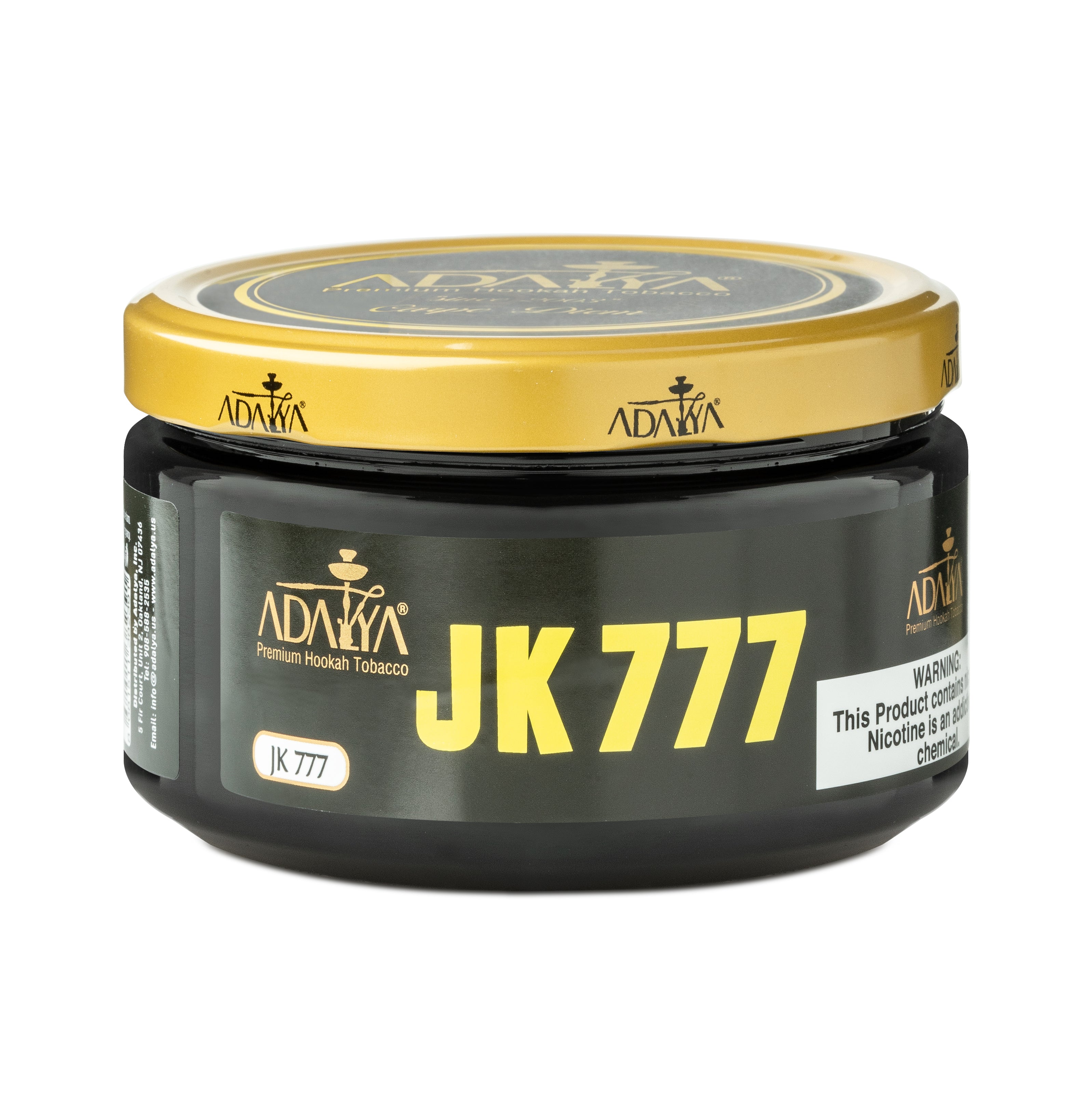 Adalya JK 777 premium hookah tobacco in black container with gold lid