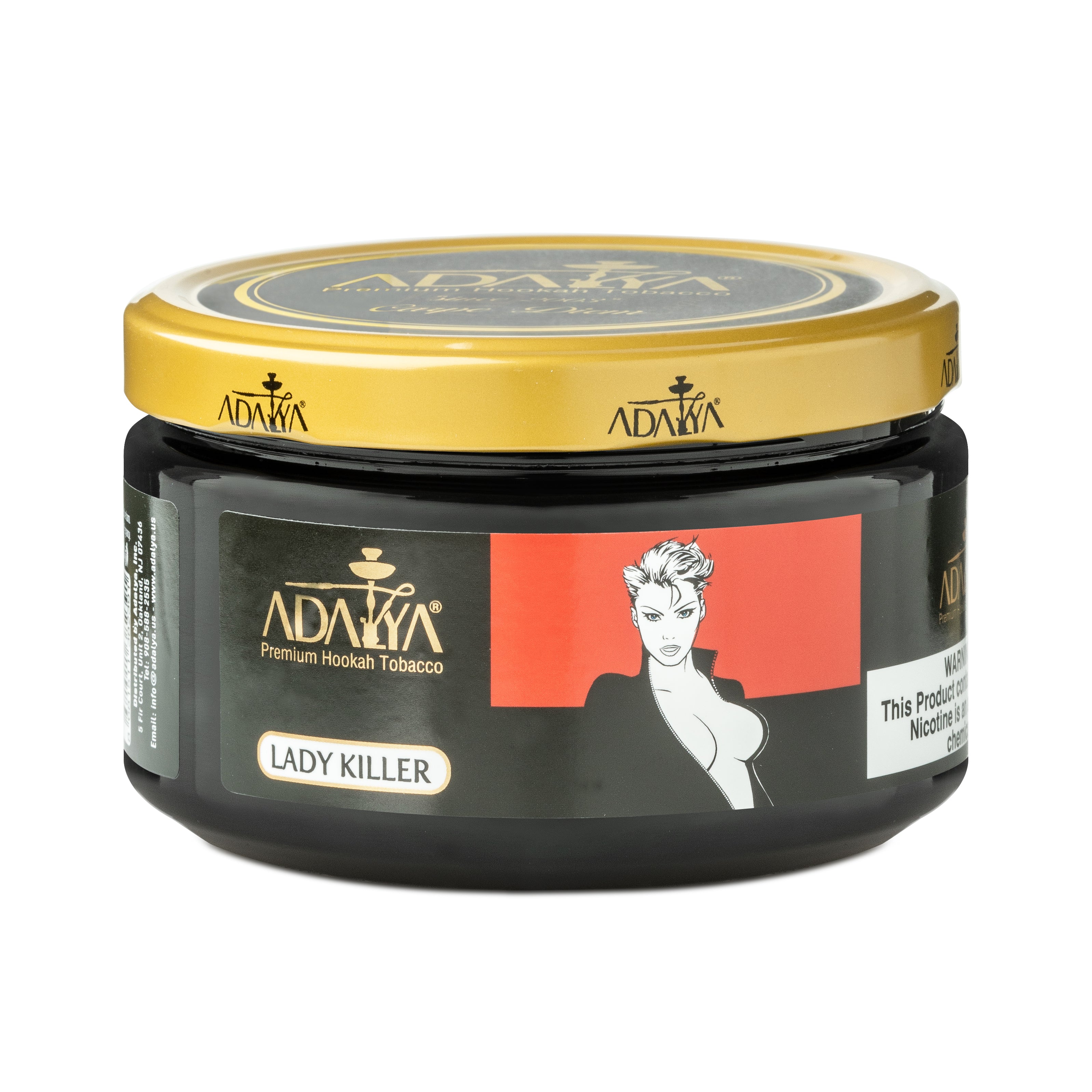 Adalya Lady Killer Premium Hookah Tobacco in a black jar with gold lid by LE TABAC