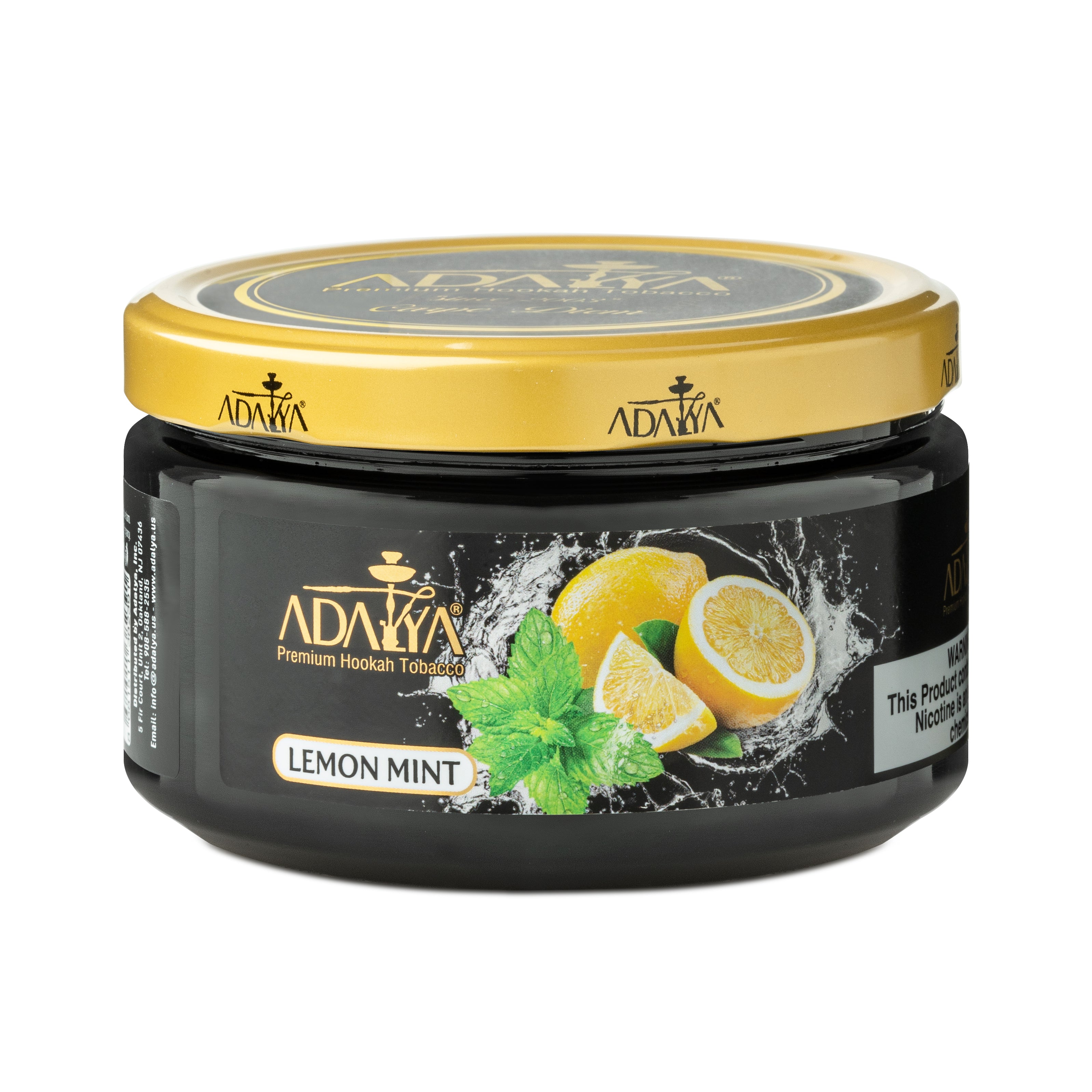 Adalya lemon mint premium hookah tobacco container with lemon and mint graphic on black jar