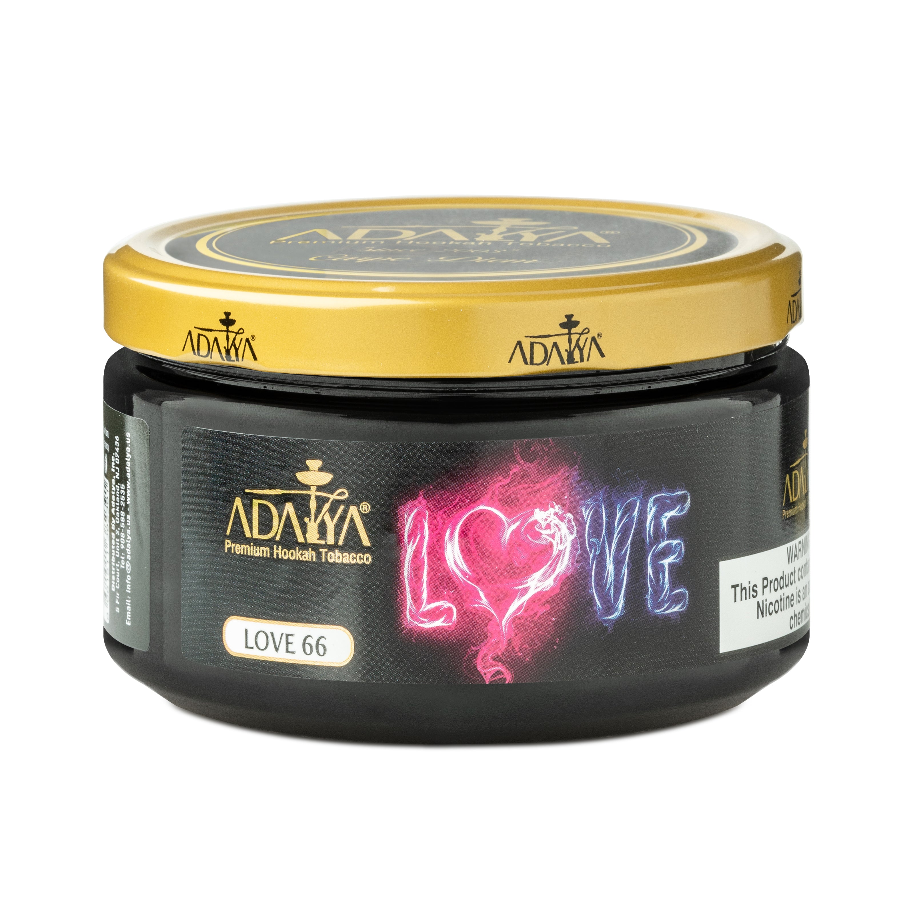 LE TABAC Adalya Premium Hookah Tobacco Love 66 flavor in black container with gold lid
