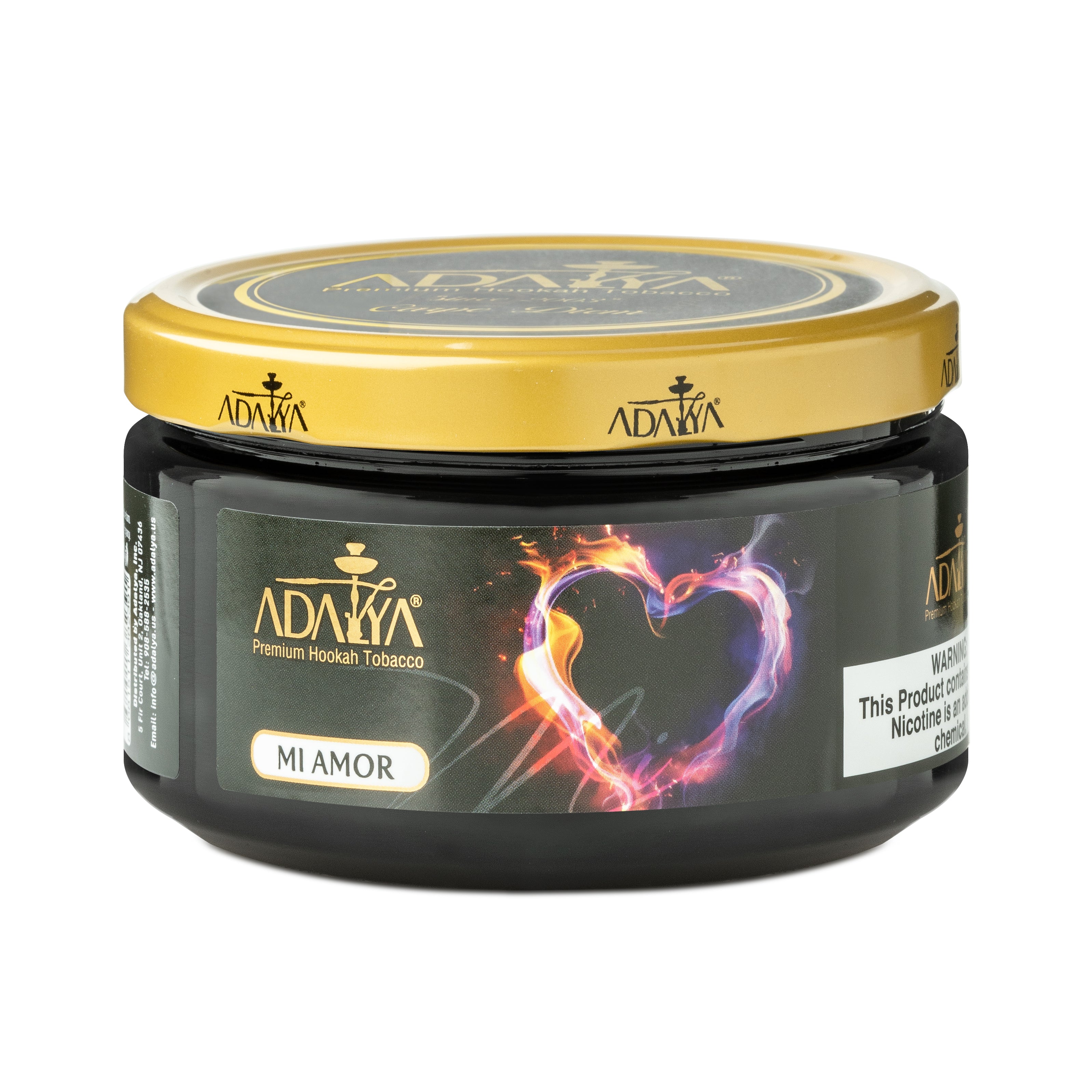 Adalya Mi Amor premium hookah tobacco in a black container with gold lid and heart-shaped smoke design