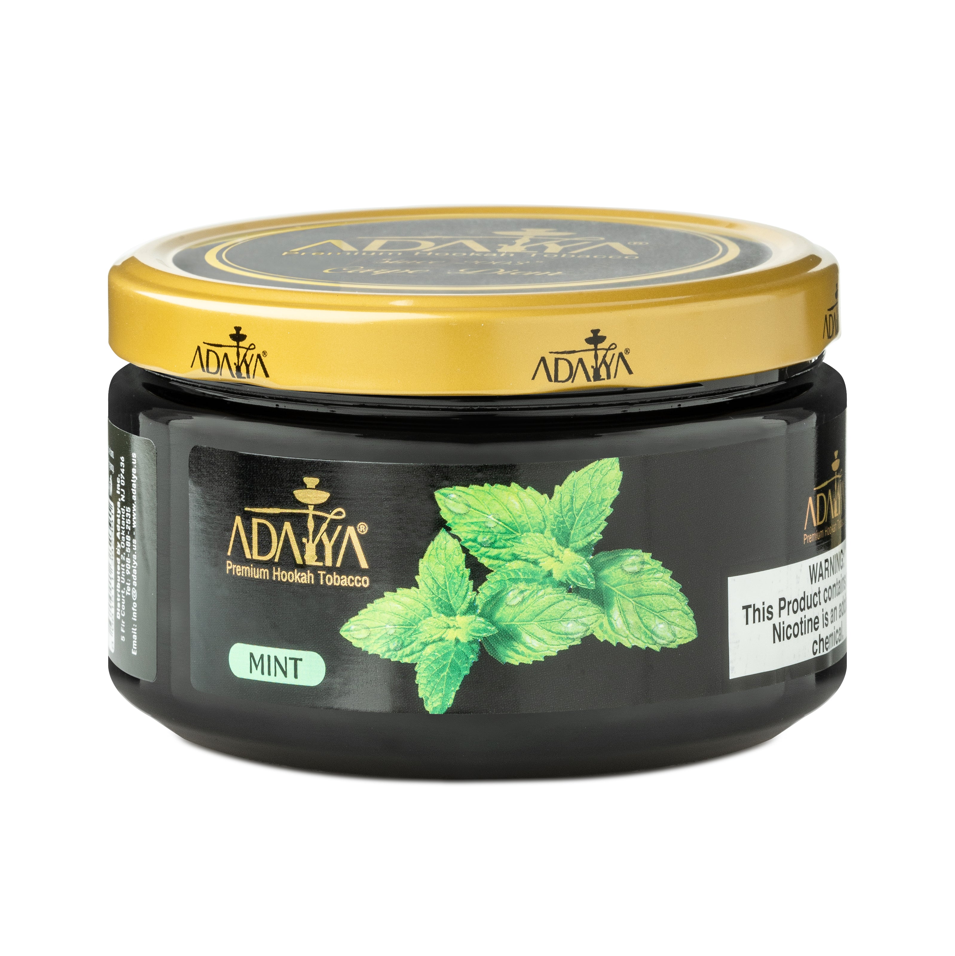 Adalya Premium Hookah Tobacco Mint flavor in a black jar with gold lid by LE TABAC