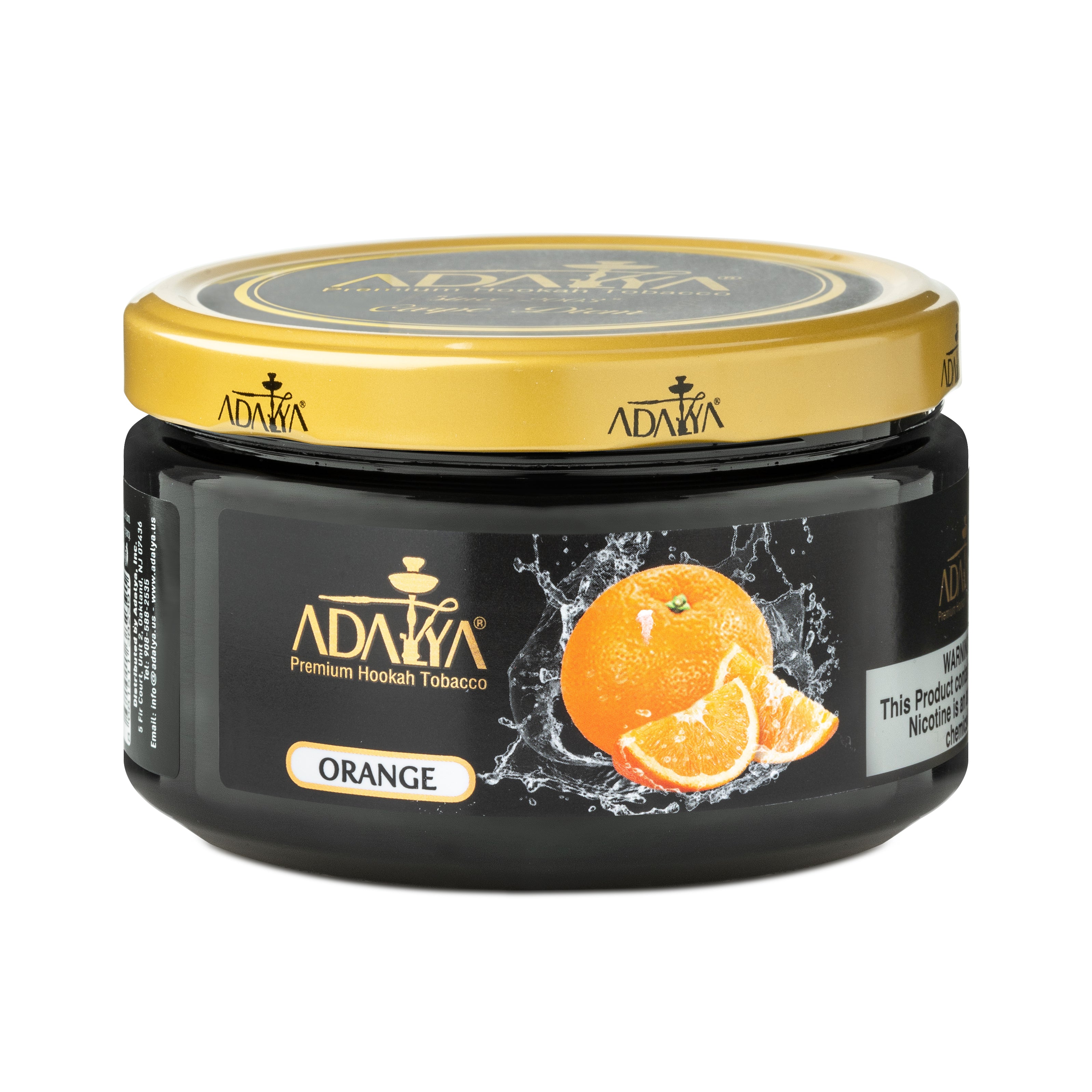 Adalya Premium Hookah Tobacco Orange flavor in black container with gold lid and orange fruit image