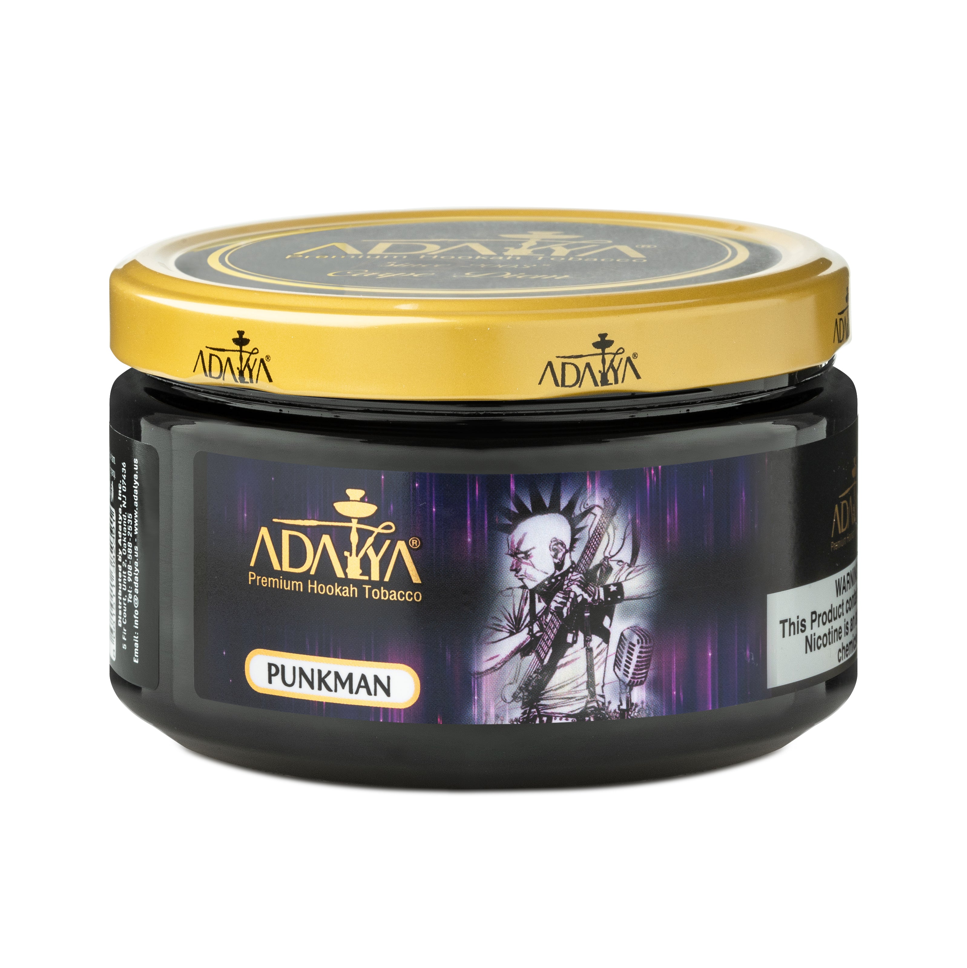 Adalya Punkman Premium Hookah Tobacco in black jar with gold lid and punk rock graphic label