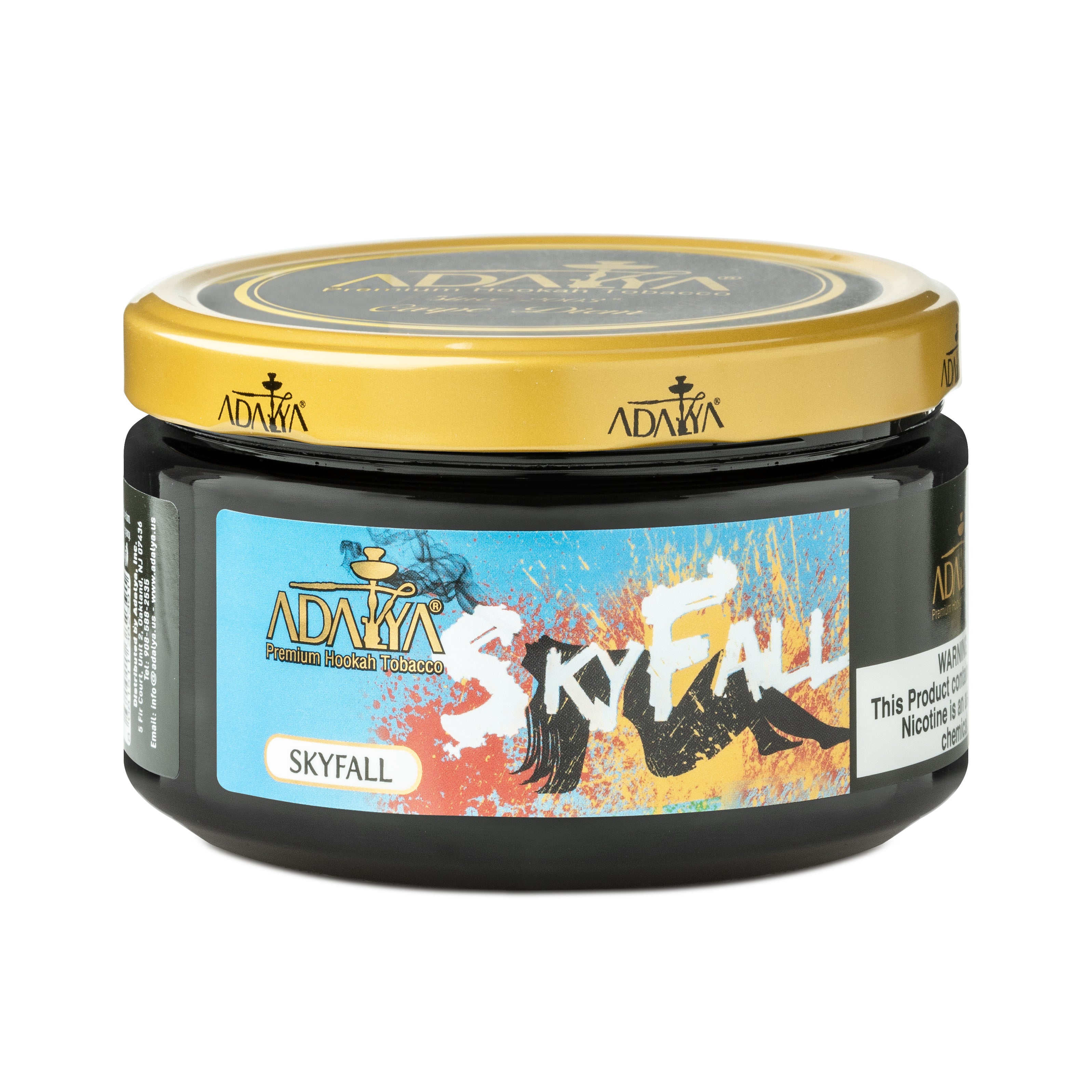 Adalya Skyfall premium hookah tobacco in a black jar with gold lid and colorful label