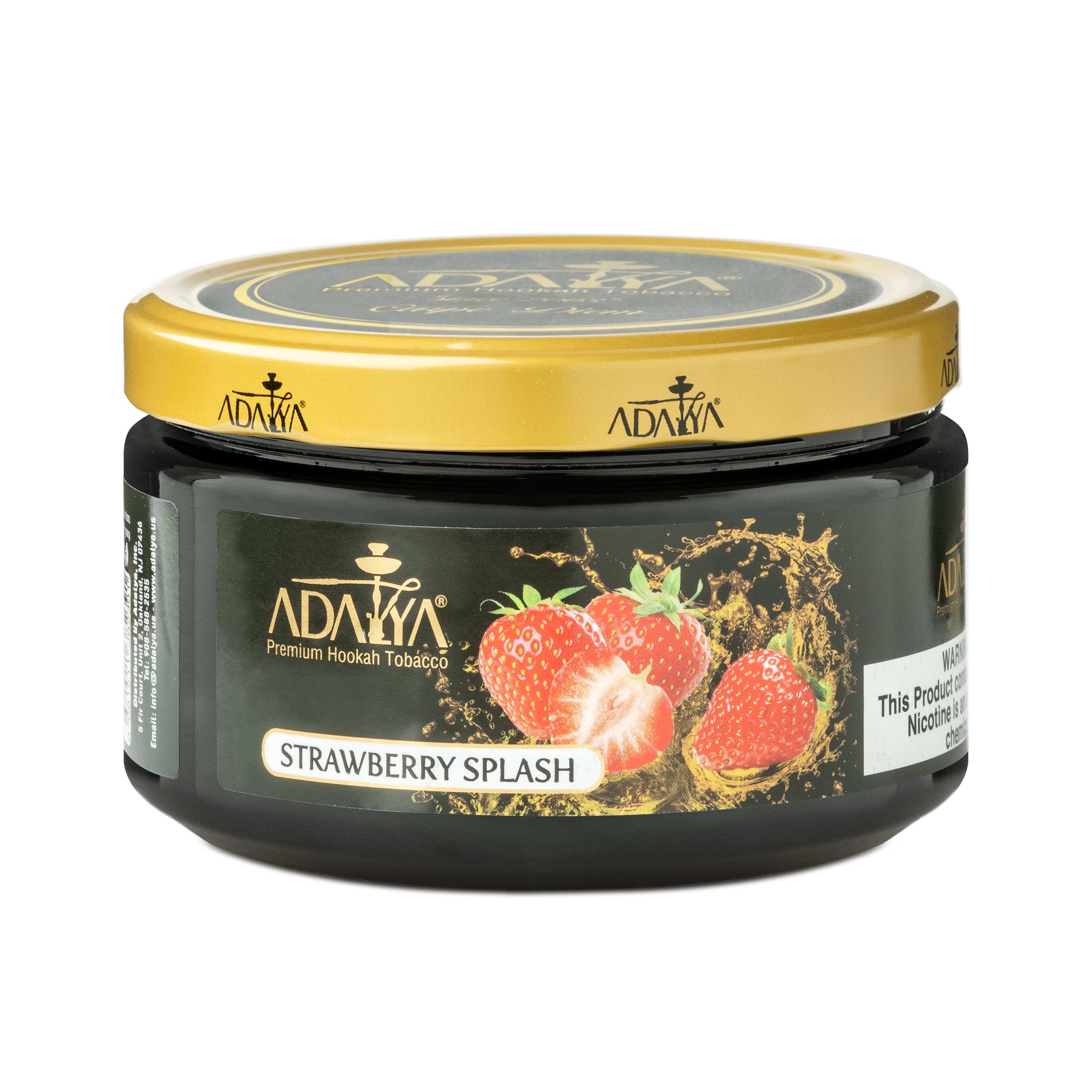 LE TABAC Adalya Premium Hookah Tobacco Strawberry Splash flavor in black jar with gold lid