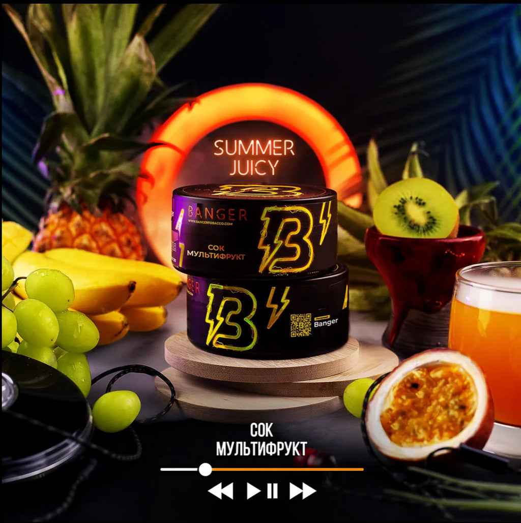 LE TABAC Banger Multifruit summer juicy flavored tobacco cans surrounded by fresh fruits and drink