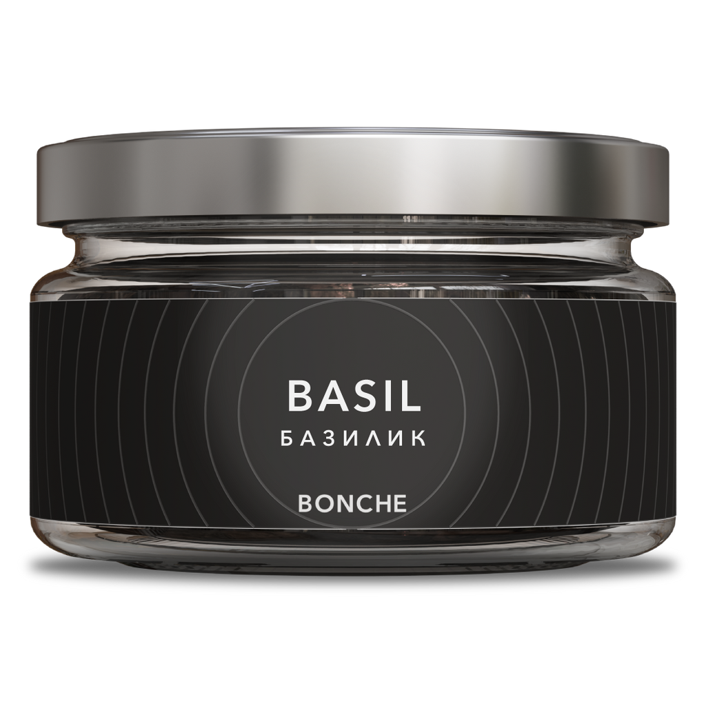 LE TABAC Bonche Basil infused product in a clear glass jar with silver lid and black label