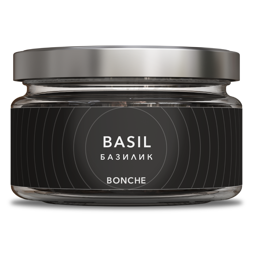 LE TABAC Bonche Basil infused product in a clear glass jar with silver lid and black label