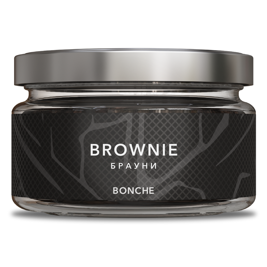 LE TABAC Brownie Bonche glass jar with metallic lid featuring black textured label