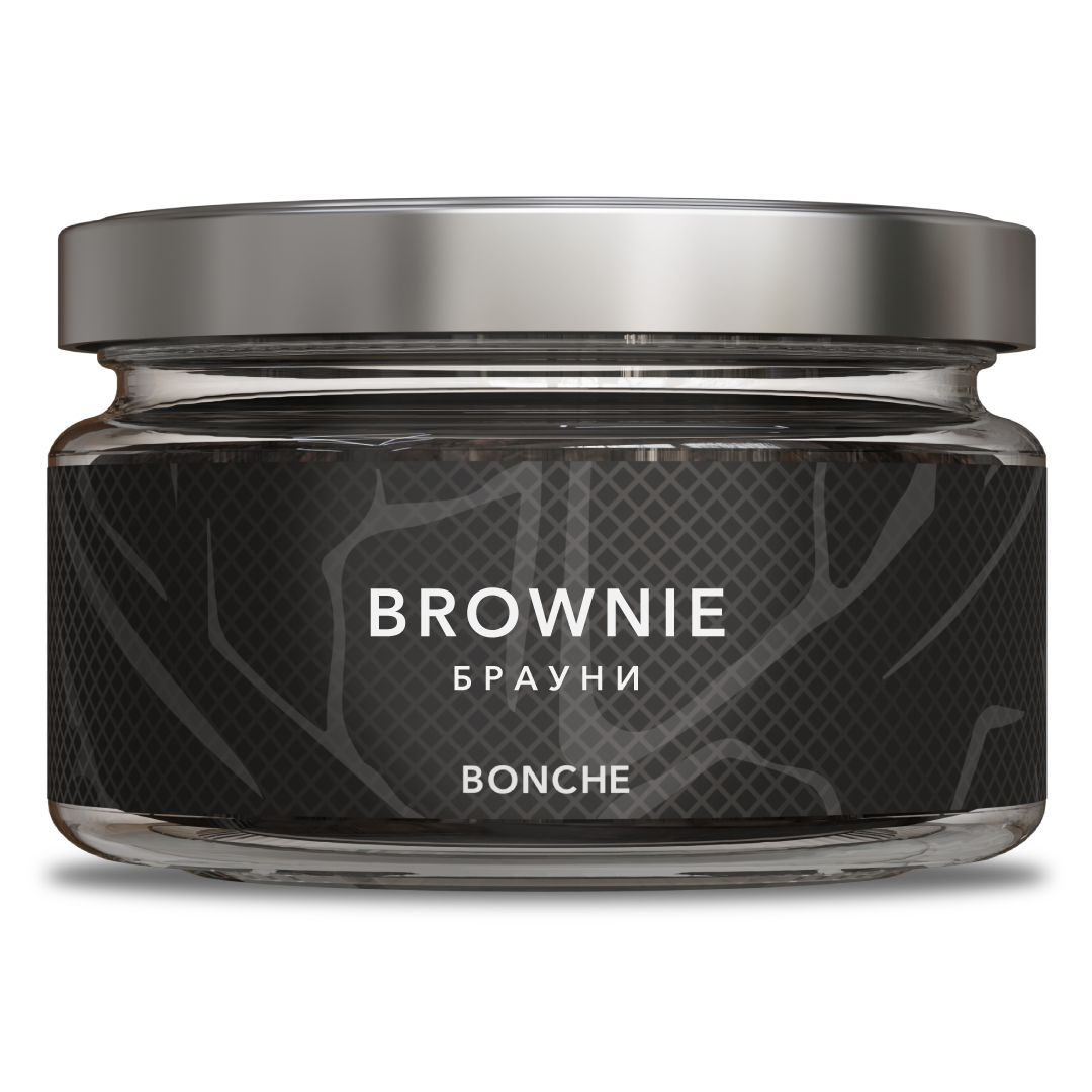 LE TABAC Brownie Bonche glass jar with metallic lid featuring black textured label