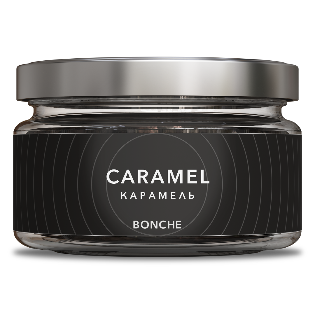 LE TABAC Bonche Caramel flavored product in a clear glass jar with a silver lid and black label