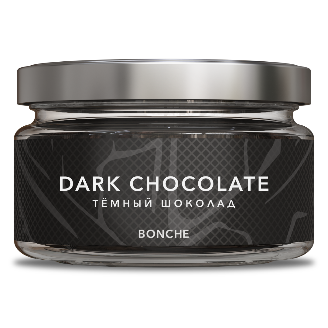 LE TABAC Bonche Dark Chocolate in a transparent jar with silver lid and black label