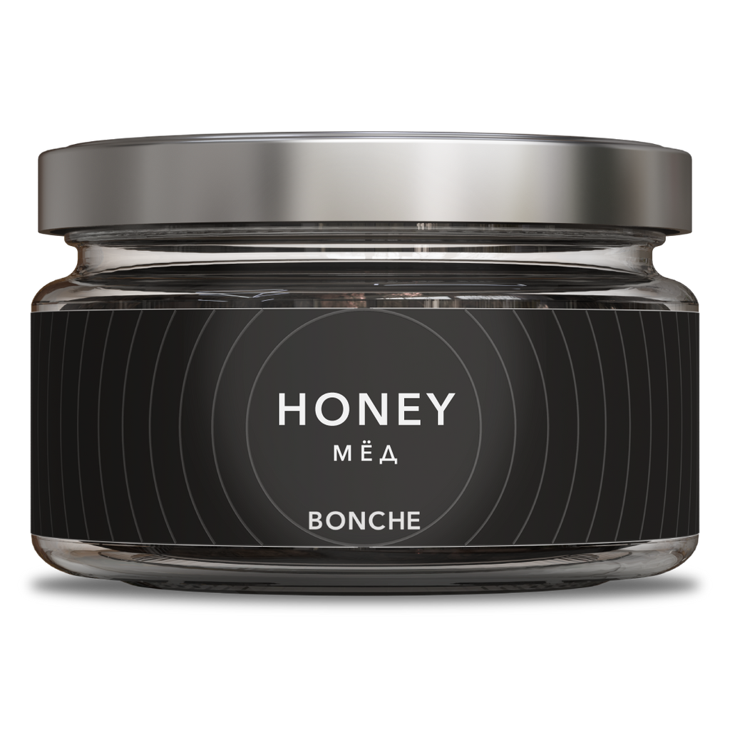 LE TABAC Bonche honey jar with black minimalist label and silver lid