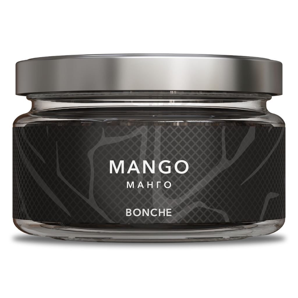 LE TABAC Bonche Mango flavored tobacco in a clear glass jar with silver lid and black label