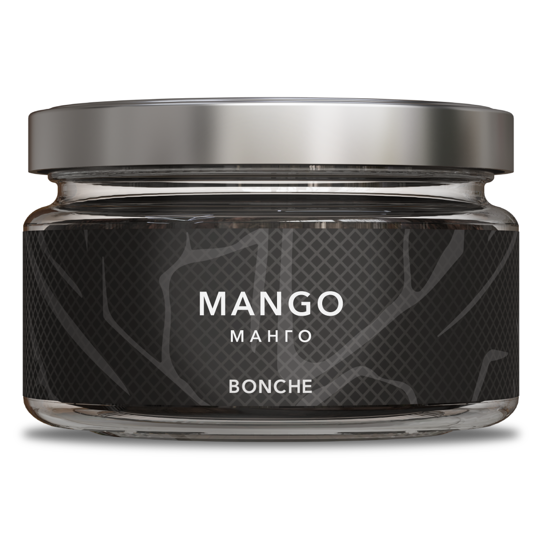 LE TABAC Bonche Mango flavored tobacco in a clear glass jar with silver lid and black label
