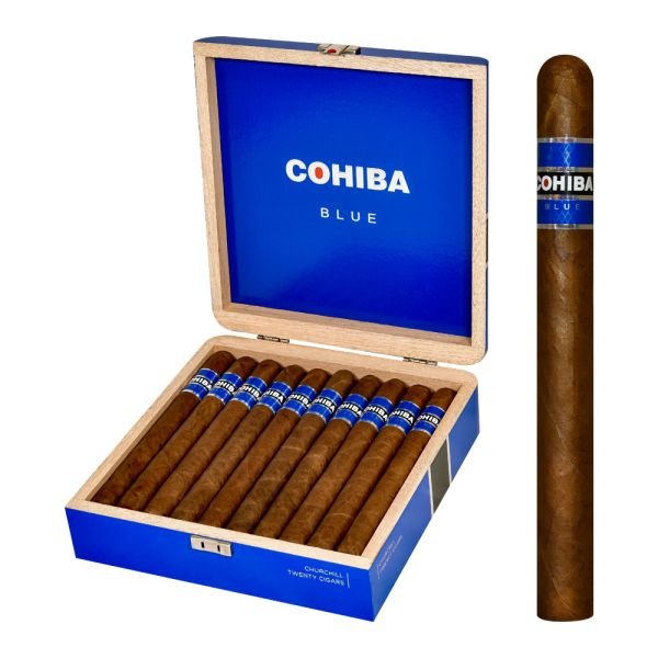 Box of Cohiba Blue cigars with wooden packaging and individual blue band cigars
