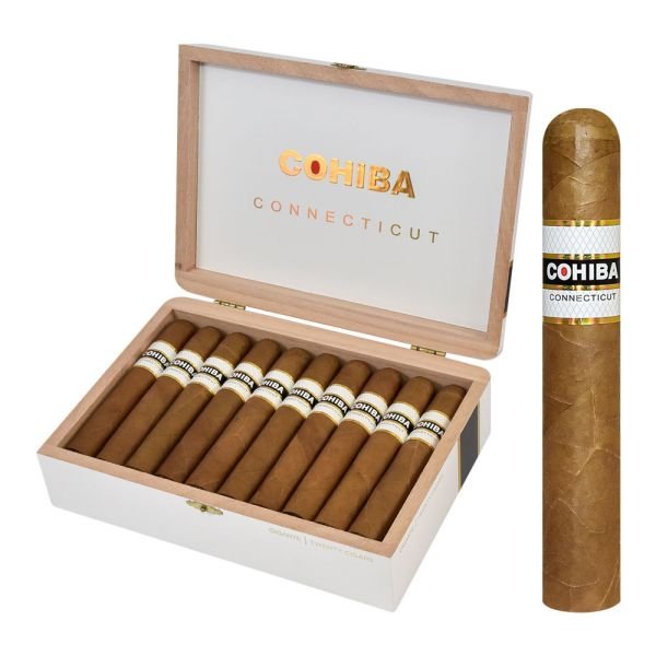 Box of Cohiba Connecticut cigars with wooden lid open showing neatly arranged cigars with branded bands