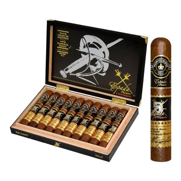 Box of Montecristo Espada Ricasso cigars with black and gold labels open showing ten cigars inside