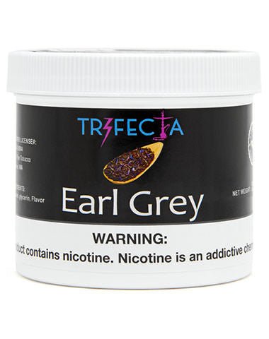 Trifecta Earl Grey flavored nicotine pouch container by LE TABAC with black label and white lid