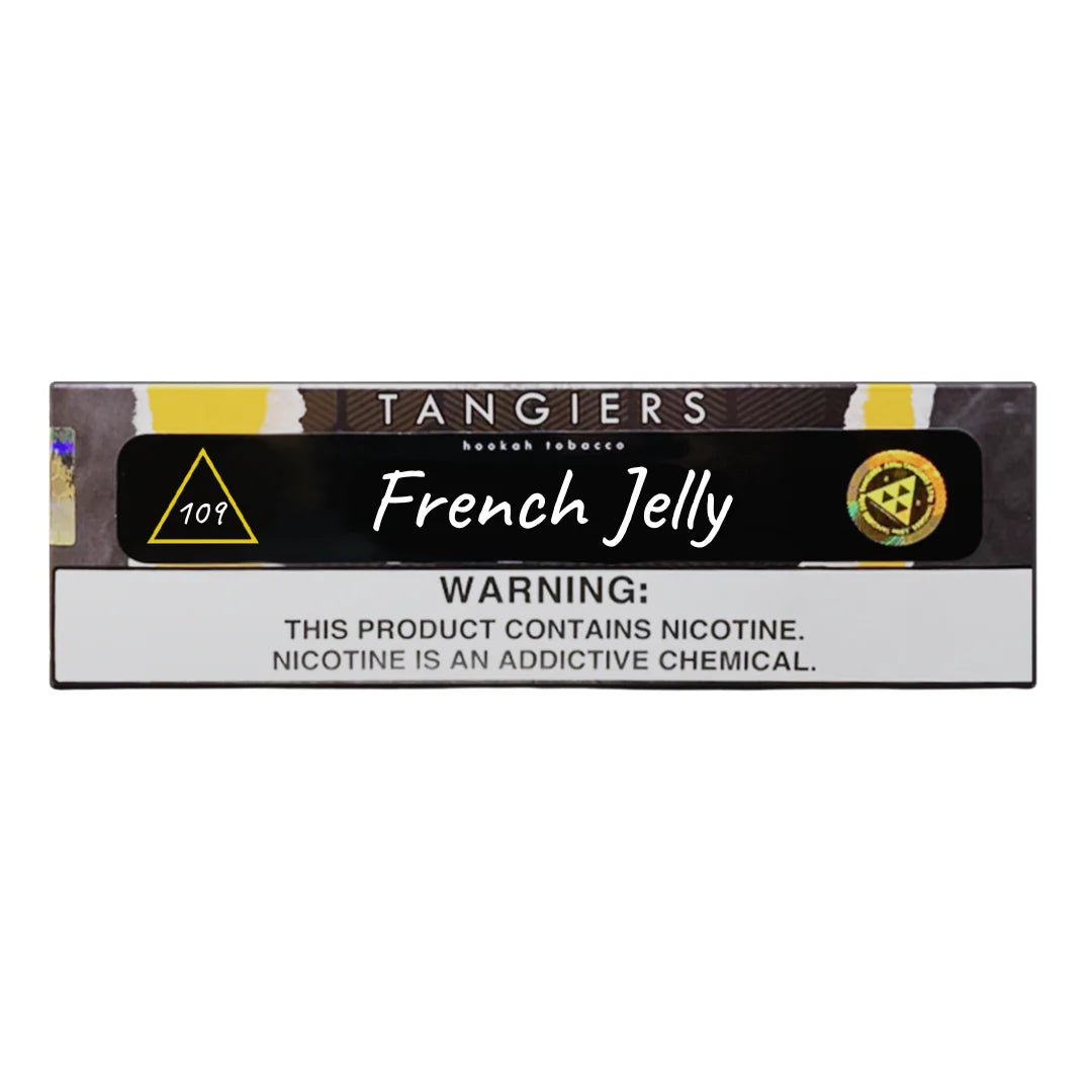 Tangiers French Jelly hookah tobacco pack with nicotine warning label by LE TABAC
