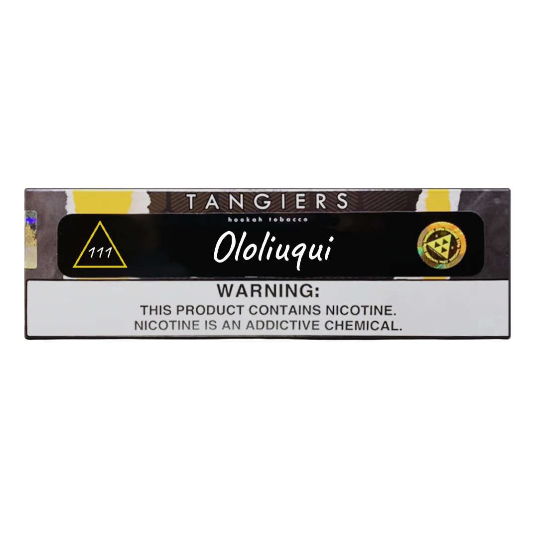 Tangiers Ololiqui hookah tobacco by LE TABAC with nicotine warning label on black background