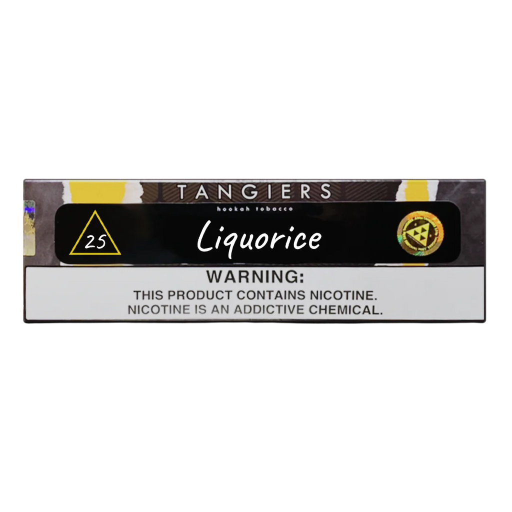 Tangiers Liquorice hookah tobacco package with nicotine warning label and black background