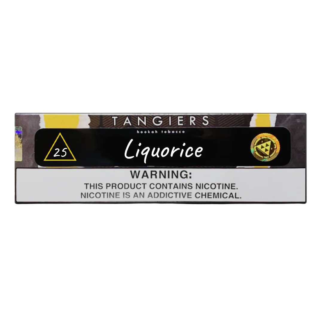 Tangiers Liquorice hookah tobacco package with nicotine warning label and black background