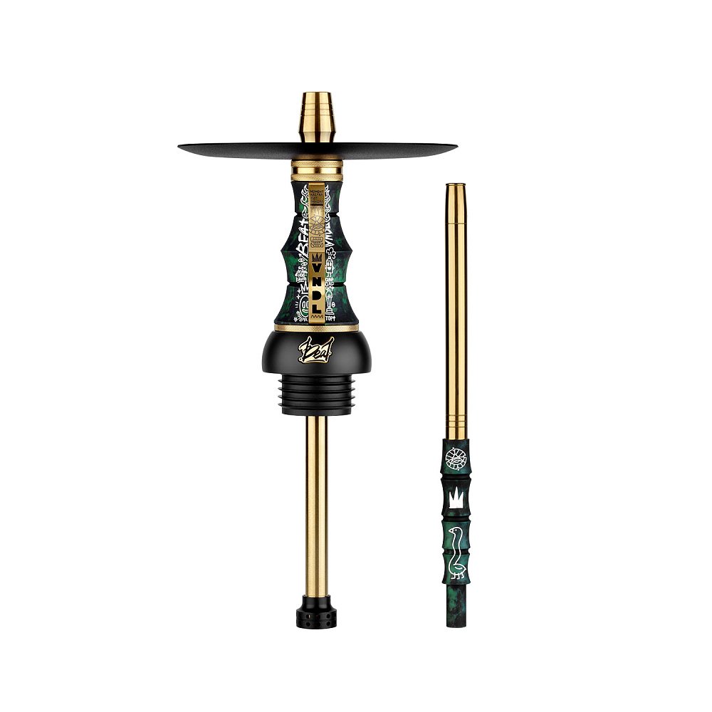 LE TABAC hookah stem and hose set with gold and black finish and decorative green and black patterns