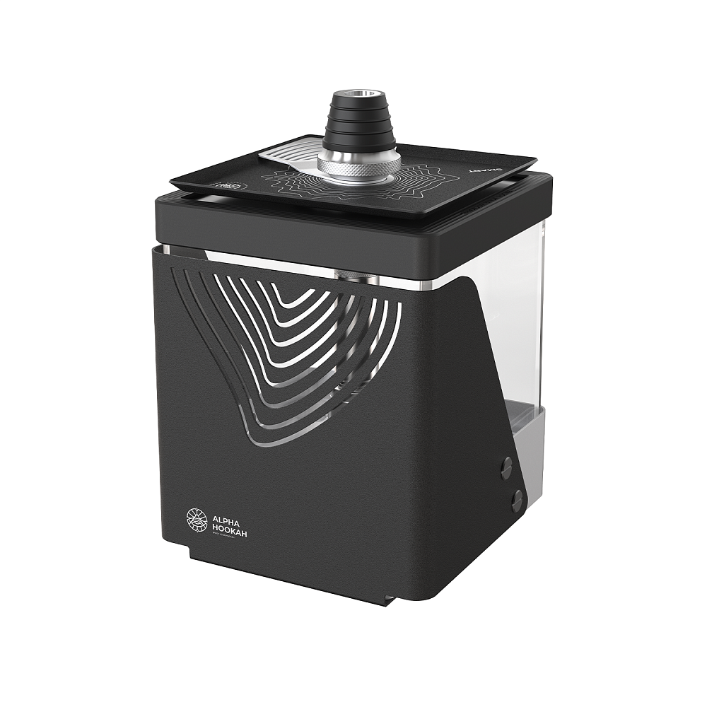 LE TABAC Alpha Hookah modern black hookah with sleek square design and metallic accents