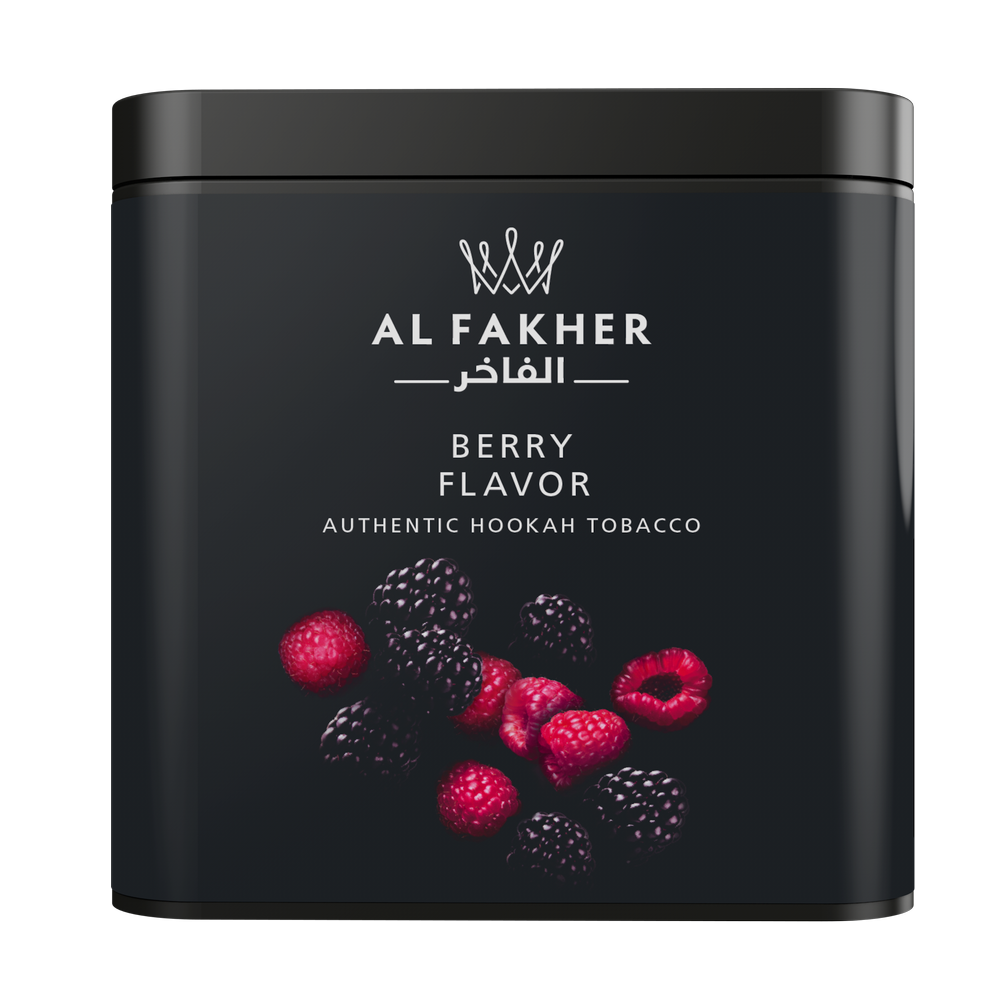 Al Fakher Berry Flavor Authentic Hookah Tobacco tin with mixed raspberries and blackberries on black background
