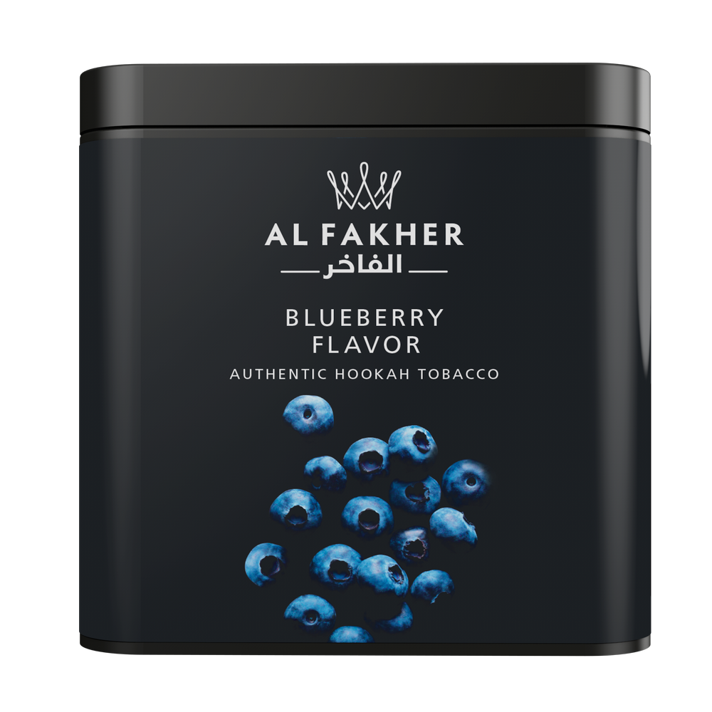 Al Fakher Blueberry Flavor Authentic Hookah Tobacco in black container with blueberry image