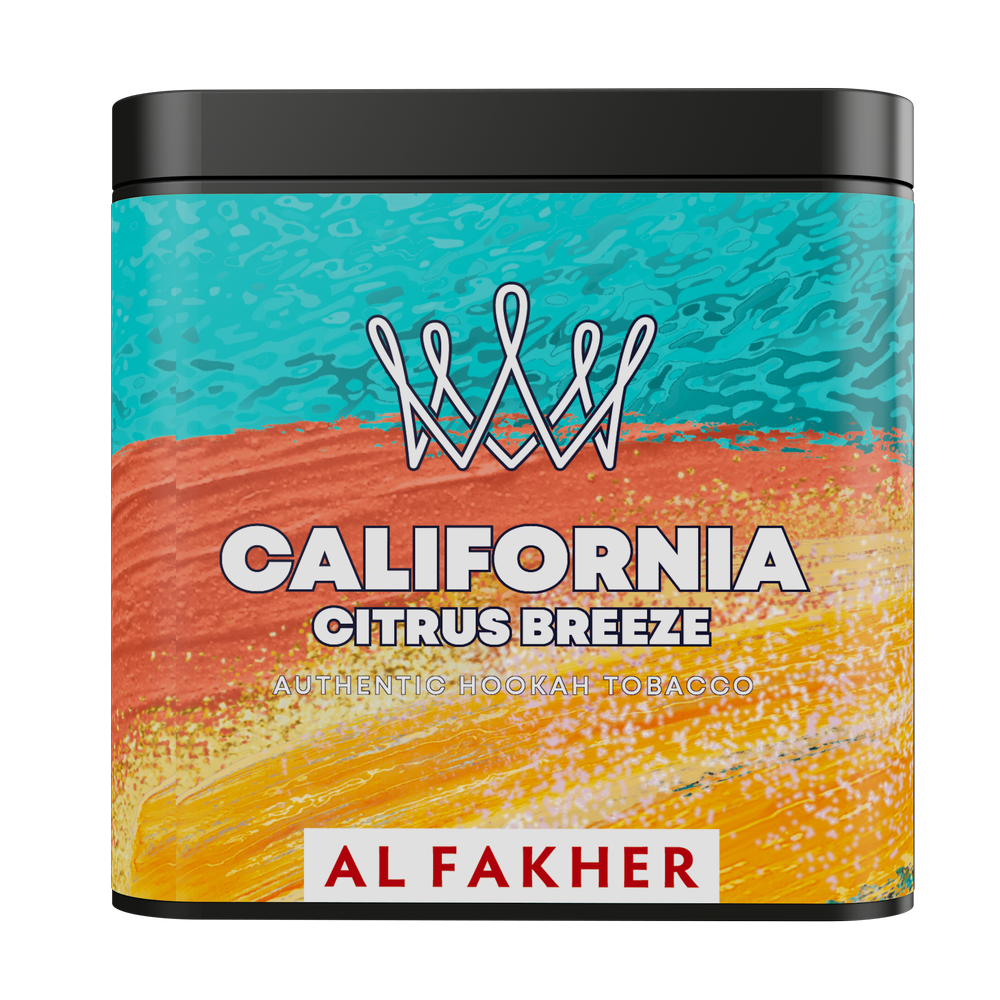 Al Fakher California Citrus Breeze authentic hookah tobacco with colorful turquoise orange and yellow packaging