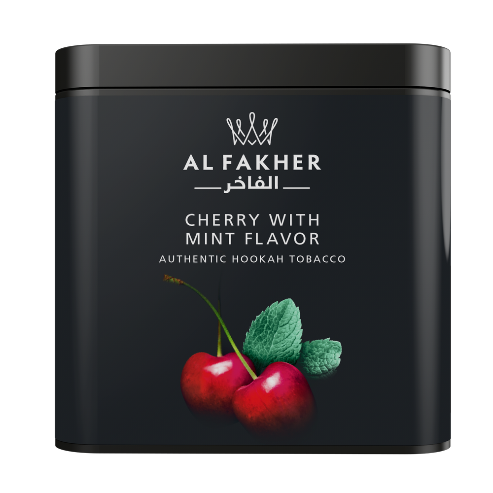 Al Fakher cherry with mint flavor authentic hookah tobacco black container with cherry and mint graphics