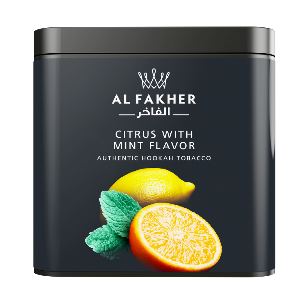 Al Fakher Citrus with Mint Flavor Authentic Hookah Tobacco in a black container with lemon and mint leaves image